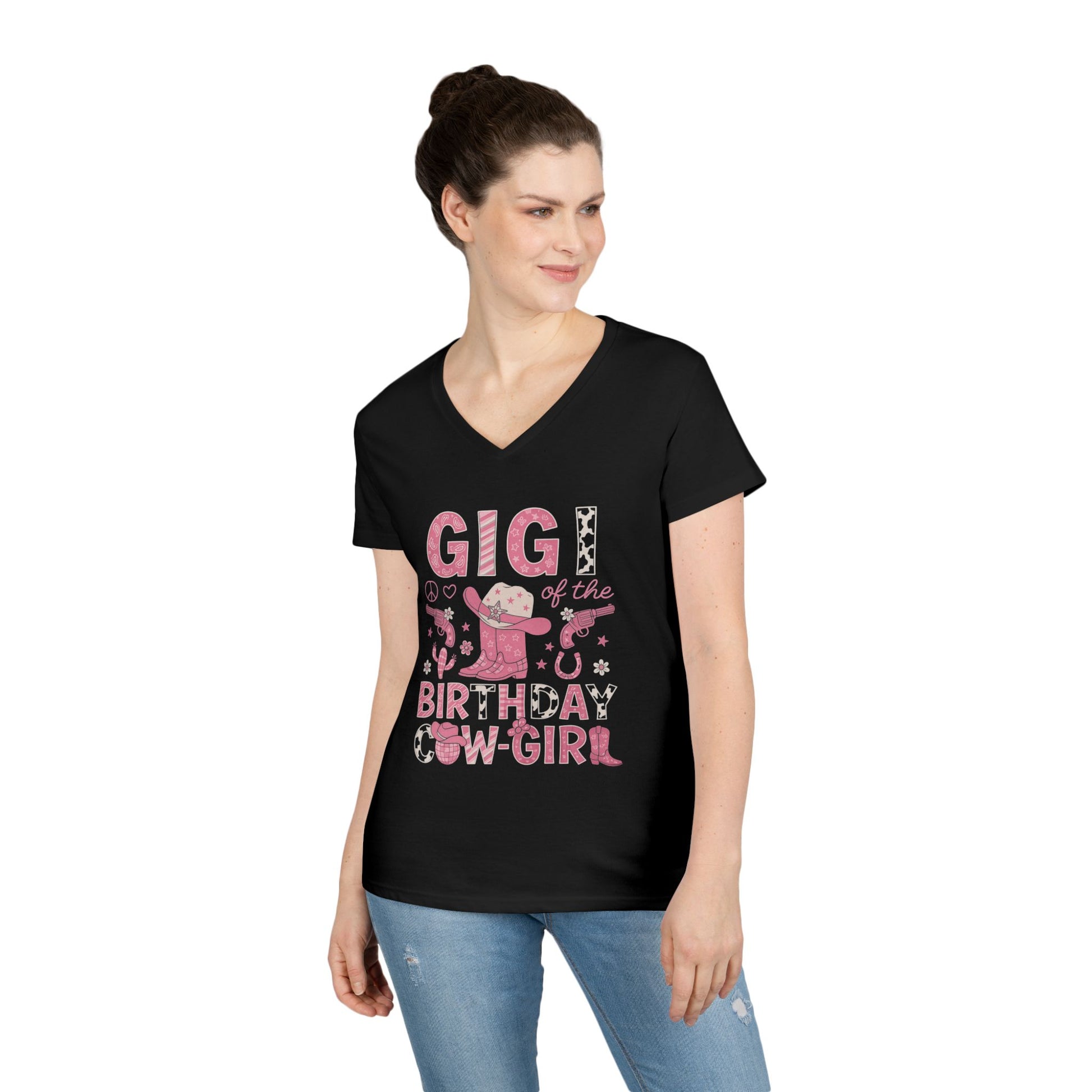 Birthday Cowgirl V-Neck T-Shirt for Gigi, Fun Birthday Gift, Farm-Themed Apparel, Cute Birthday Outfit, Western Style Tee