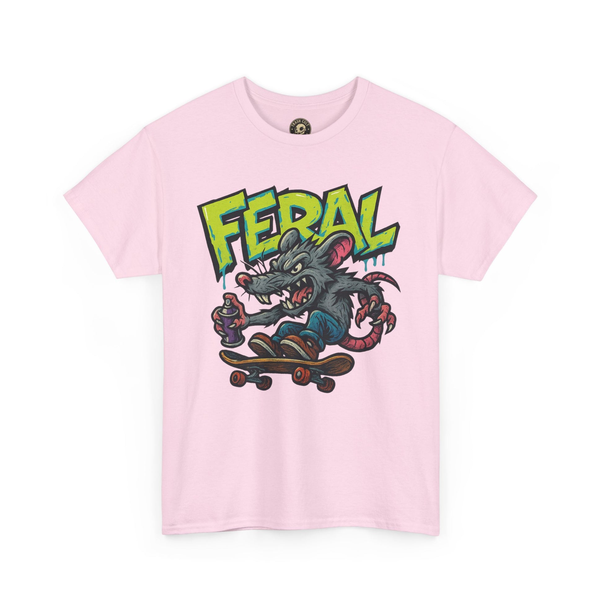 FERAL Graffiti Rat Skate Tee – Street Art Spray Can Mouse on Skateboard | Gildan 5000 Heavy Cotton Shirt