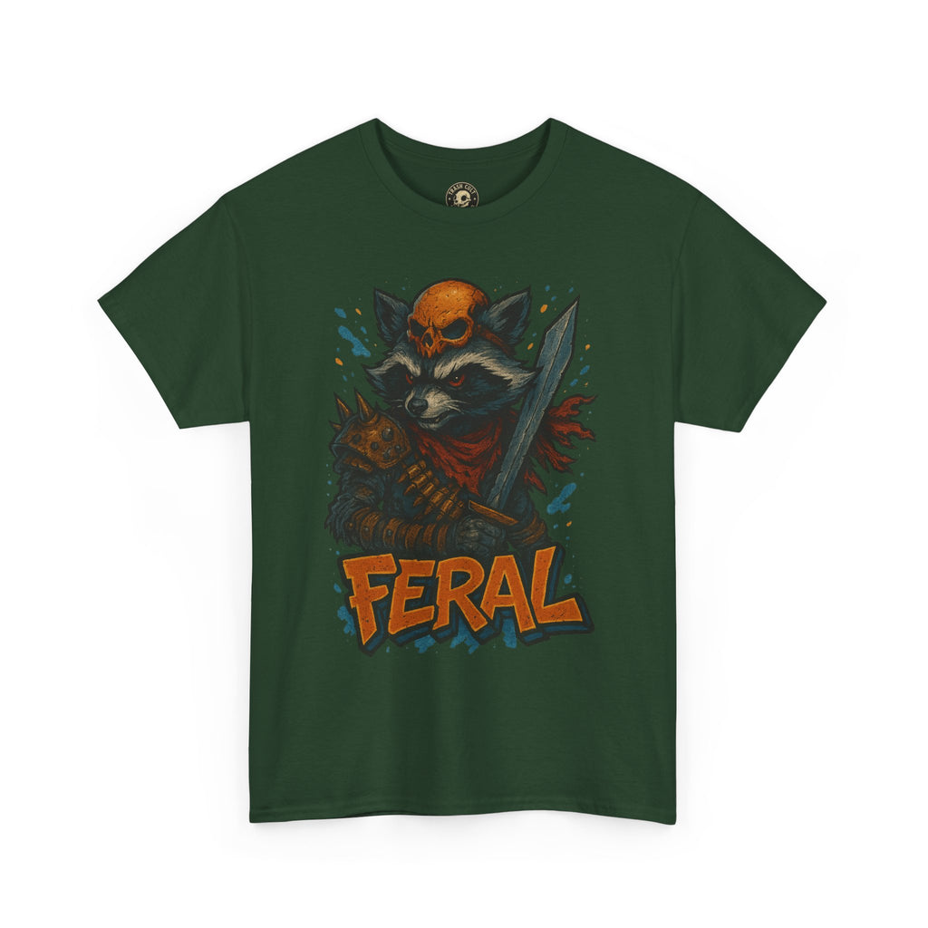 FERAL Raccoon Warlord Shirt – Graffiti Street Art Animal Tee | Bold Post-Apocalyptic Design on Gildan 5000