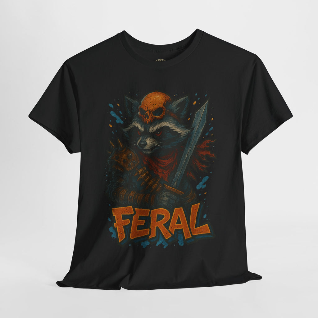 FERAL Raccoon Warlord Shirt – Graffiti Street Art Animal Tee | Bold Post-Apocalyptic Design on Gildan 5000