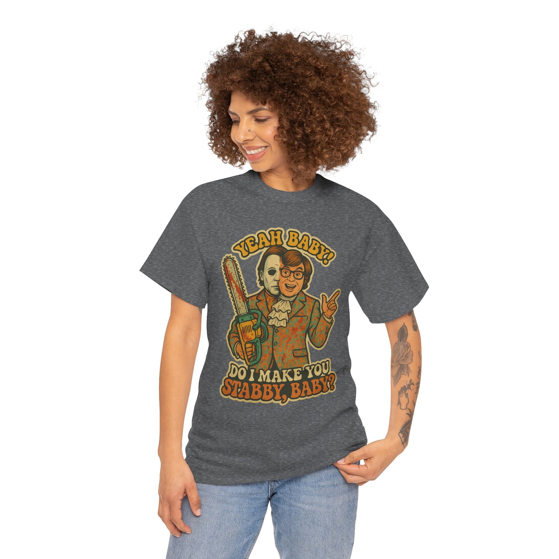 Mike Myers Parody Shirt – “Do I Make You Stabby, Baby?” Funny Horror Mashup Tee – Gildan 5000 Unisex