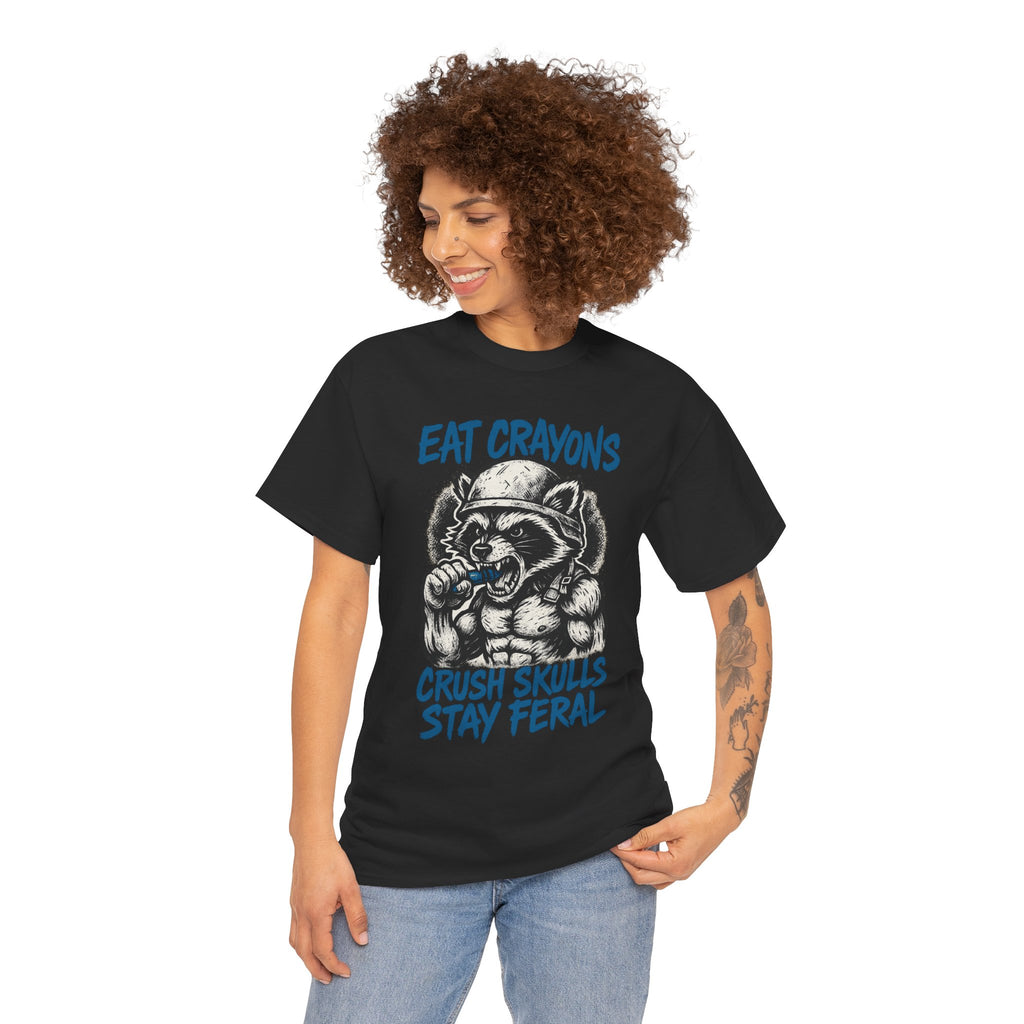 Eat Crayons Crush Skulls Stay Feral Military Raccoon Shirt – Gildan 5000