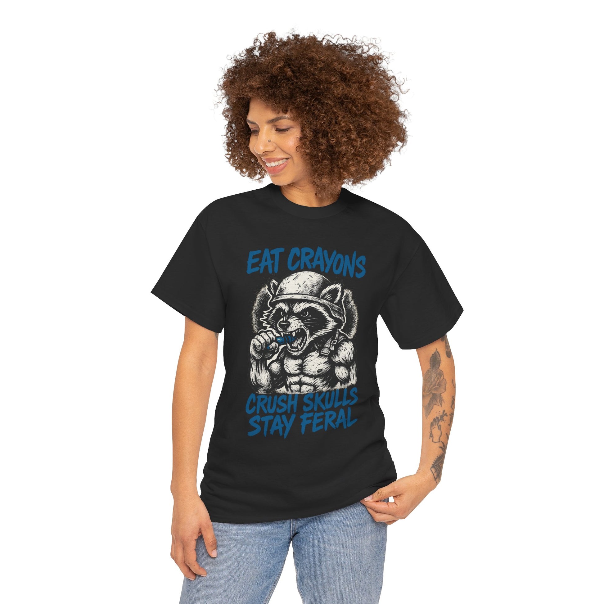 Eat Crayons Crush Skulls Stay Feral Military Raccoon Shirt – Gildan 5000