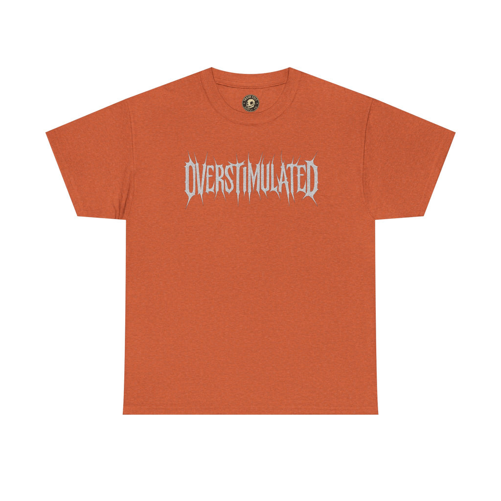 OVERSTIMULATED Metalcore Grunge Shirt – White on Black Distressed Font Tee