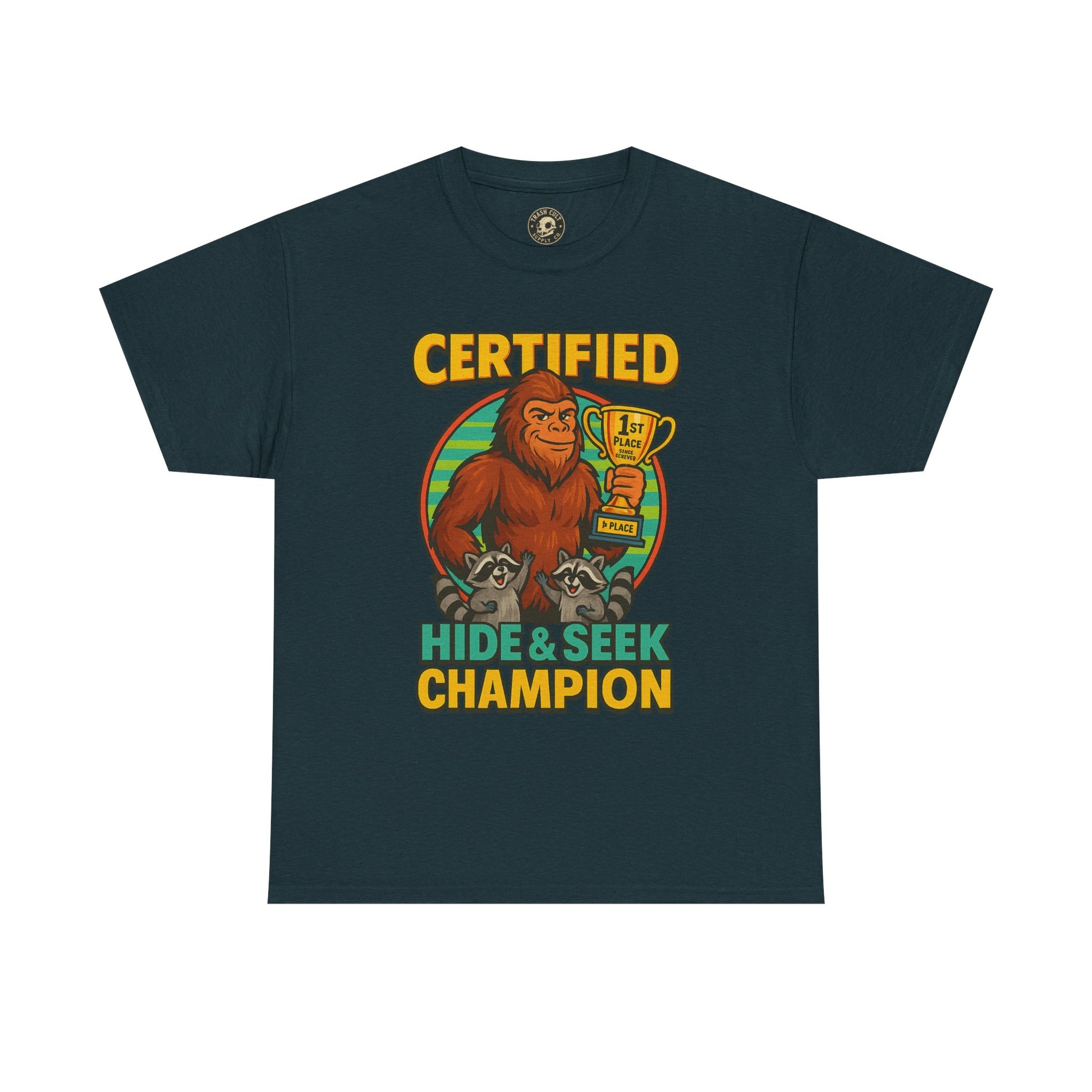Certified Hide & Seek Champion Bigfoot T-Shirt – Funny Cryptid Shirt – Raccoon Forest Meme Tee – Gildan 5000