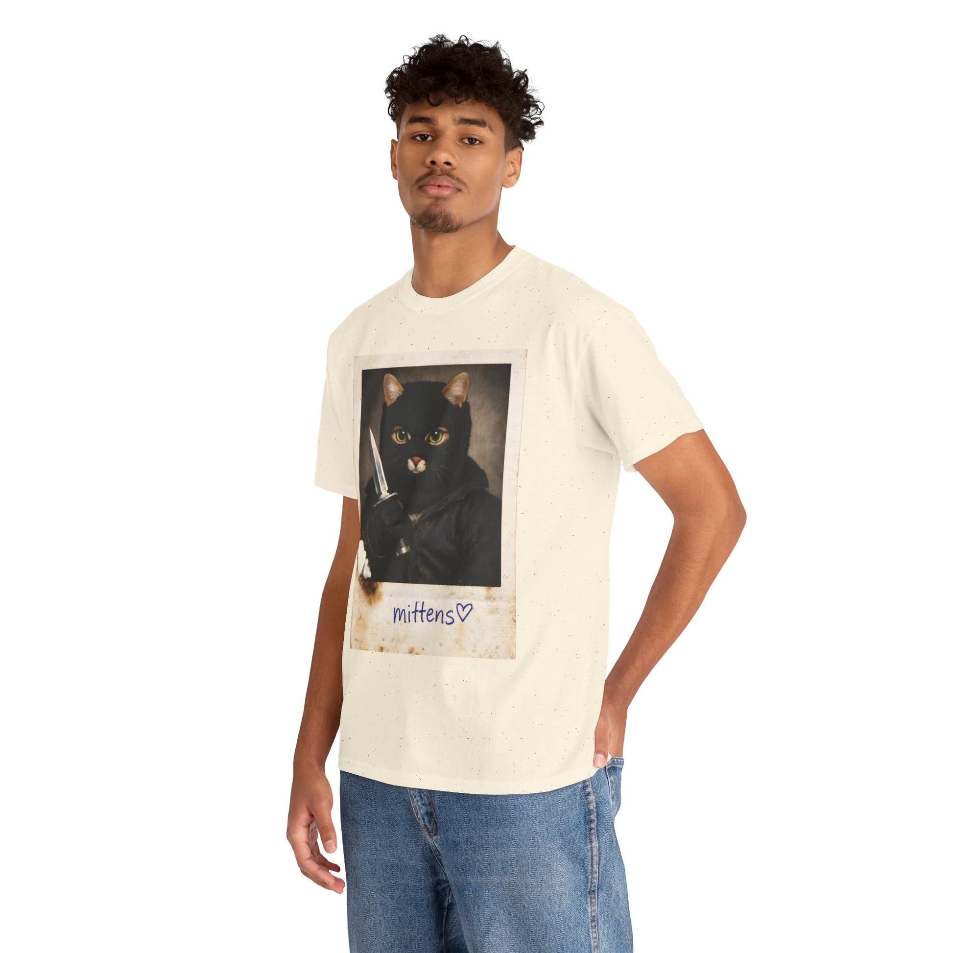 Cat With Knife Tee — "Mittens" Dark Humor Vintage Polaroid Graphic T-Shirt