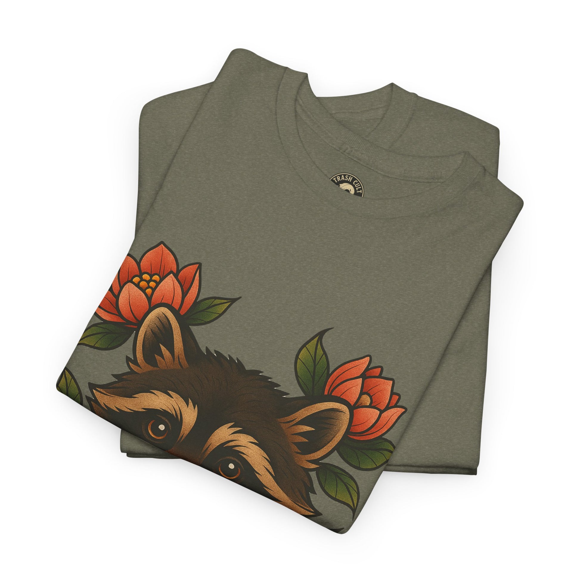 Neo-Traditional Raccoon & Lotus Tattoo Shirt – Trash Cult Supply Co. – Gildan 5000