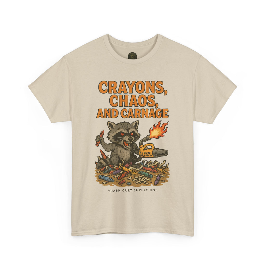 Crayons, Chaos, and Carnage T-Shirt – Dark Humor Raccoon Graphic | Trash Cult Supply Co. | Gildan 5000 Tee