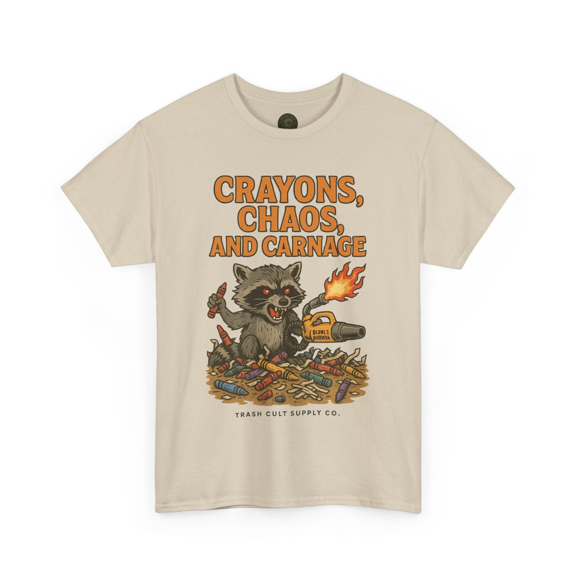 Crayons, Chaos, and Carnage T-Shirt – Dark Humor Raccoon Graphic | Trash Cult Supply Co. | Gildan 5000 Tee