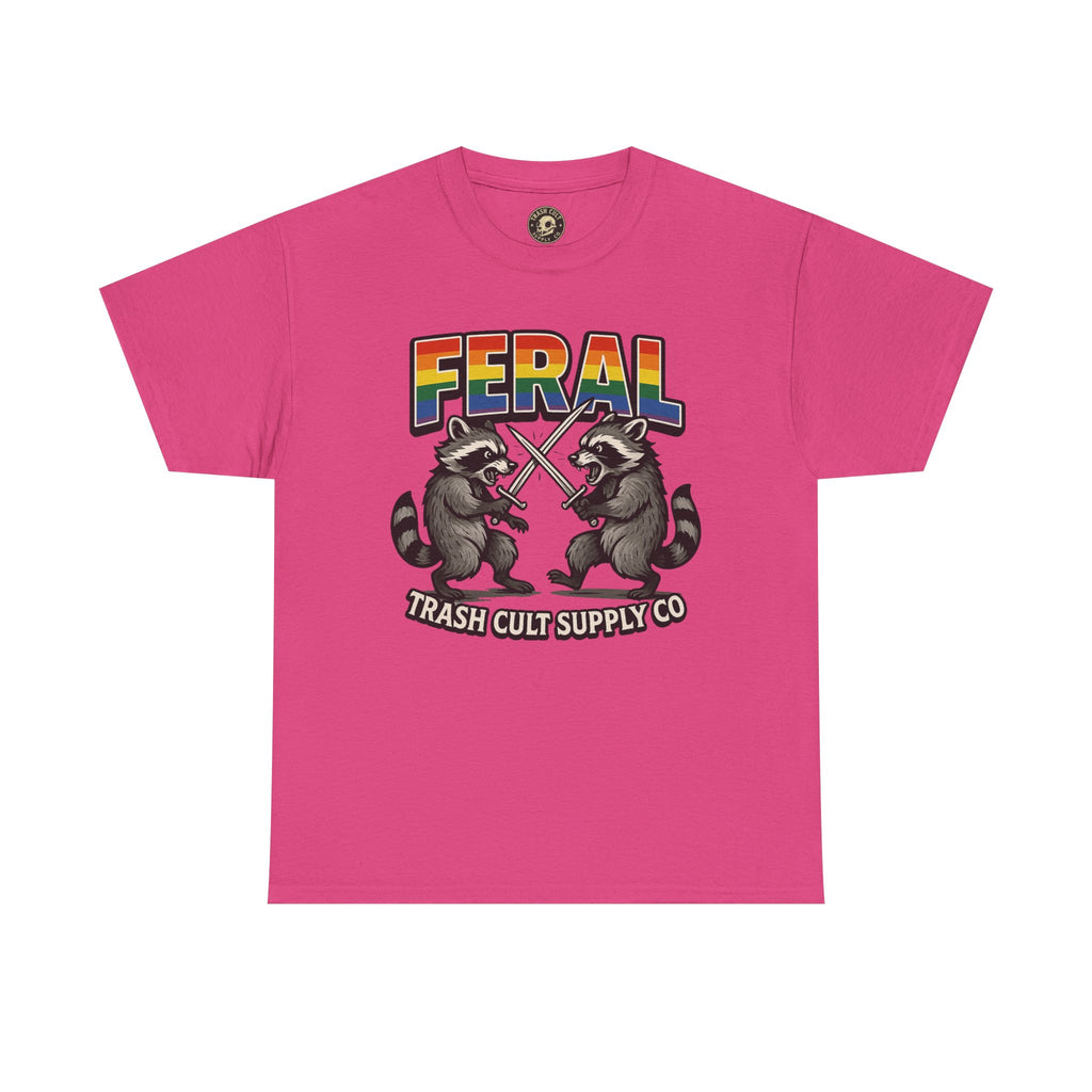 FERAL Rainbow Raccoon Sword Fighting Graphic Tee – Gildan 5000 Heavy Cotton