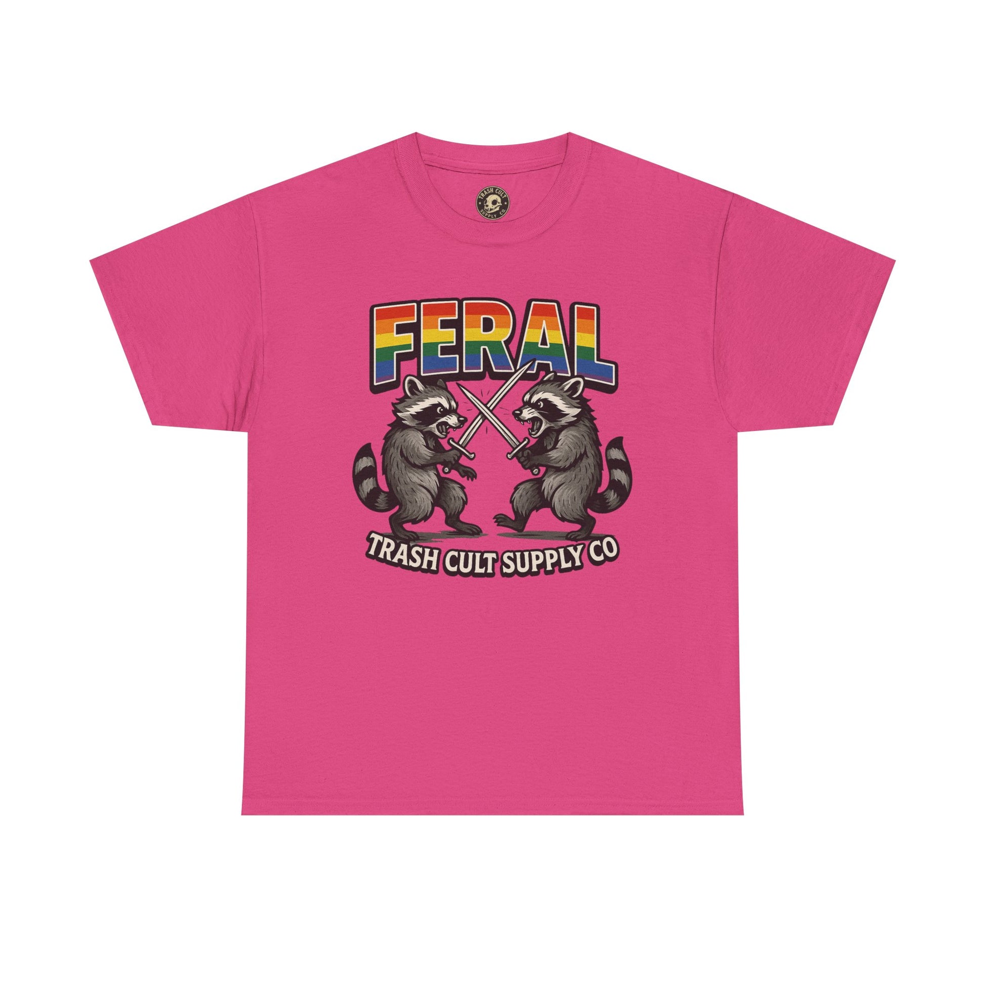FERAL Rainbow Raccoon Sword Fighting Graphic Tee – Gildan 5000 Heavy Cotton