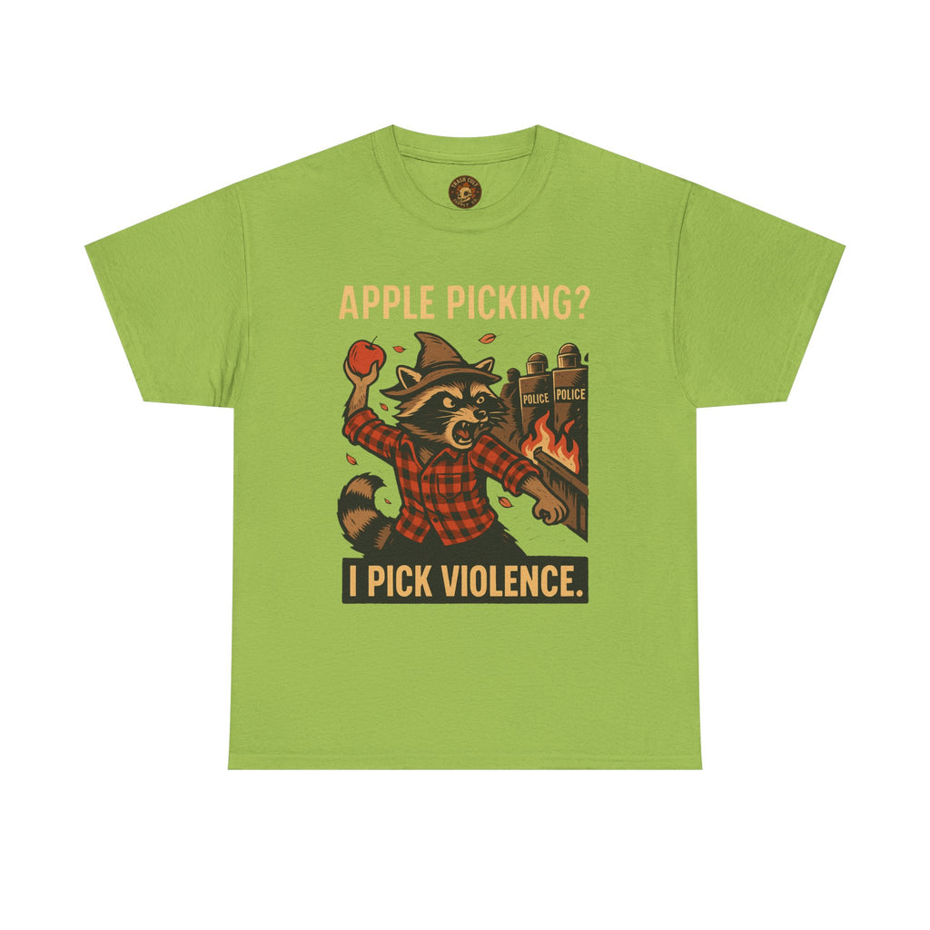 Apple Picking? I Pick Violence Shirt – Angry Raccoon Riot Tee – Fall of Humanity Collection – Trash Cult Supply Co.