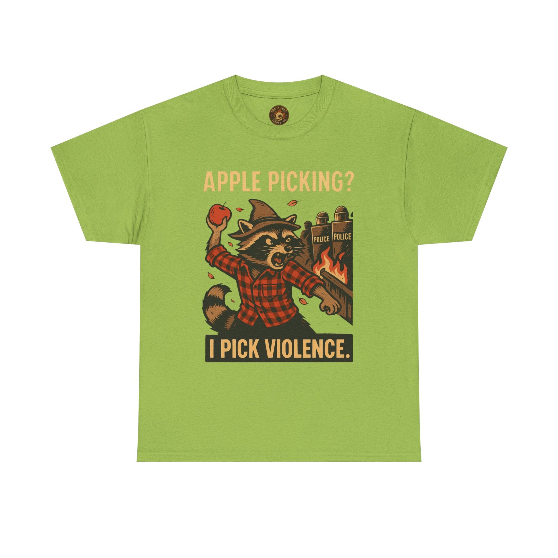 Apple Picking? I Pick Violence Shirt – Angry Raccoon Riot Tee – Fall of Humanity Collection – Trash Cult Supply Co.