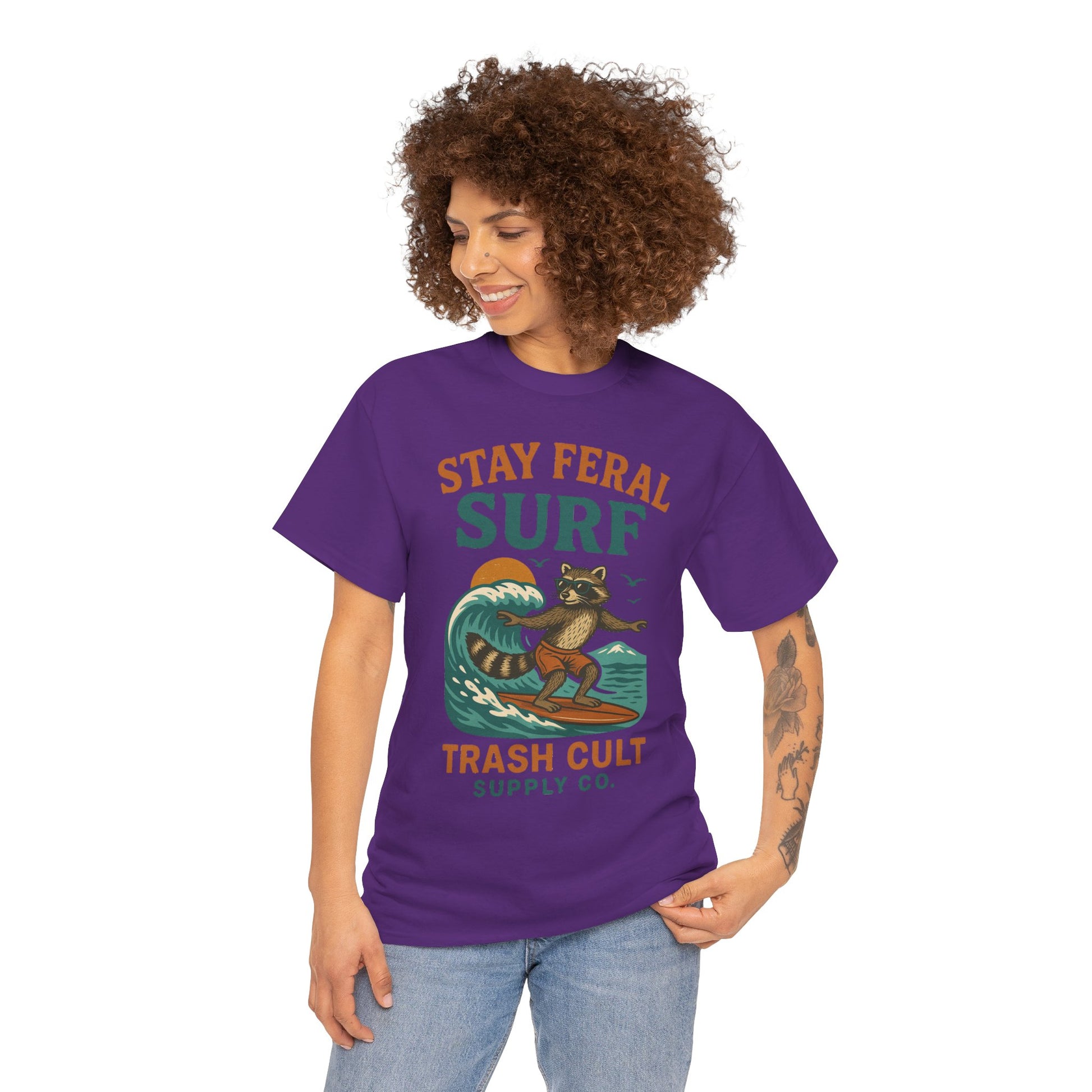 Stay Feral Surf Shirt – Retro Raccoon Beach Tee – Trash Cult Supply Co – Gildan 5000