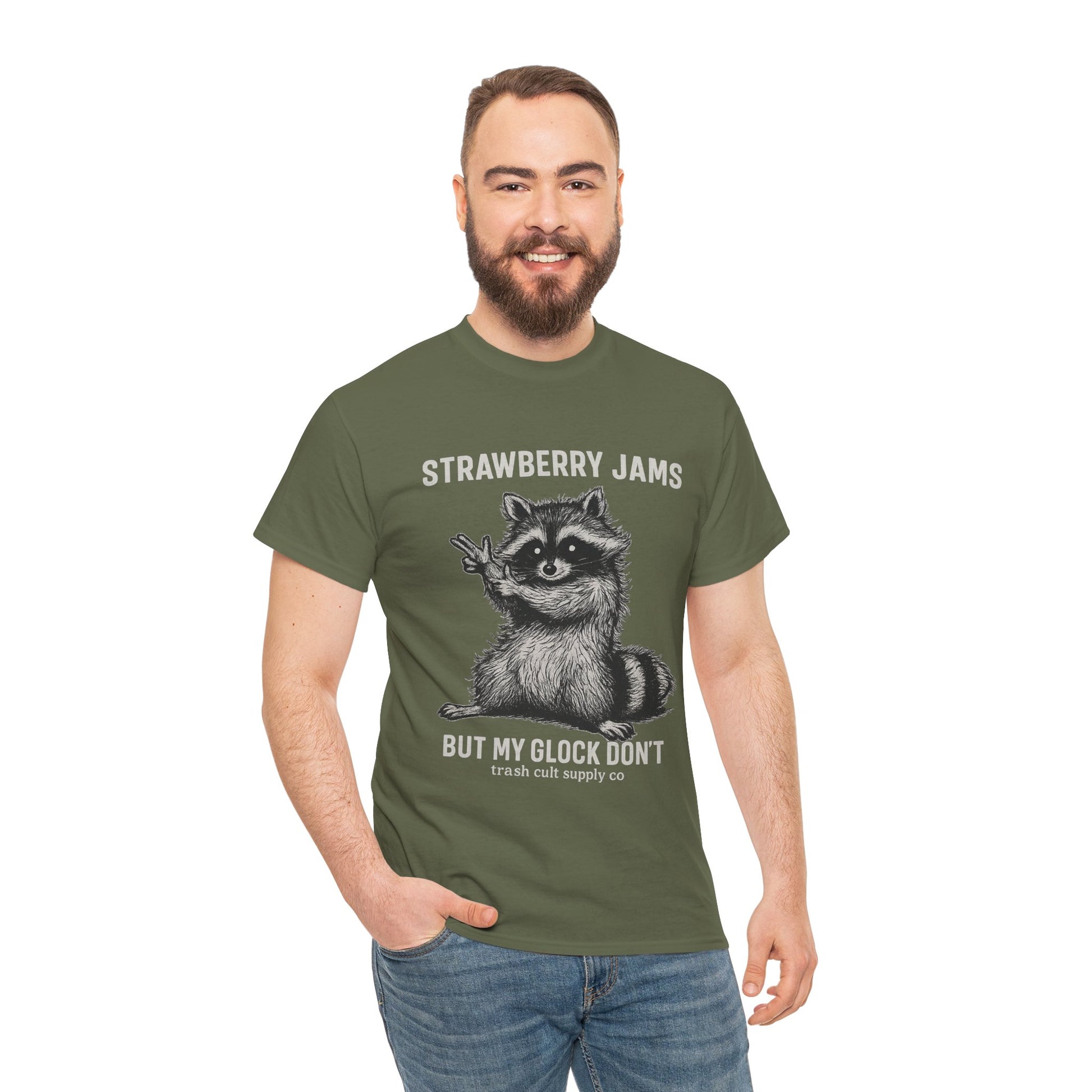 Strawberry Jams But My Glock Don’t Raccoon Shirt – Trash Cult Supply Co. Gildan 5000 Tee