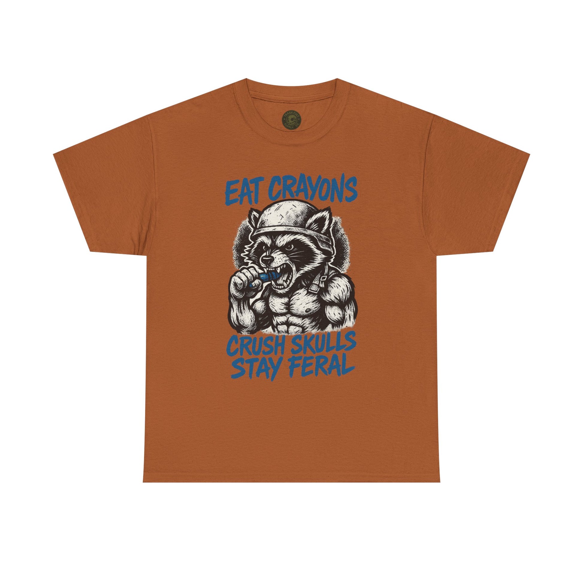 Eat Crayons Crush Skulls Stay Feral Military Raccoon Shirt – Gildan 5000