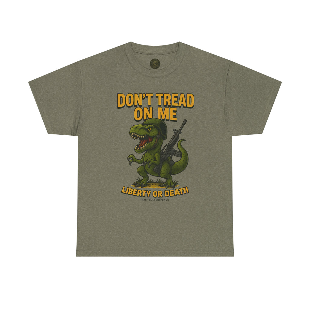 Don’t Tread On Me T-Rex T-Shirt – Liberty or Death Graphic | Trash Cult Supply Co. | Gildan 5000 Heavy Cotton