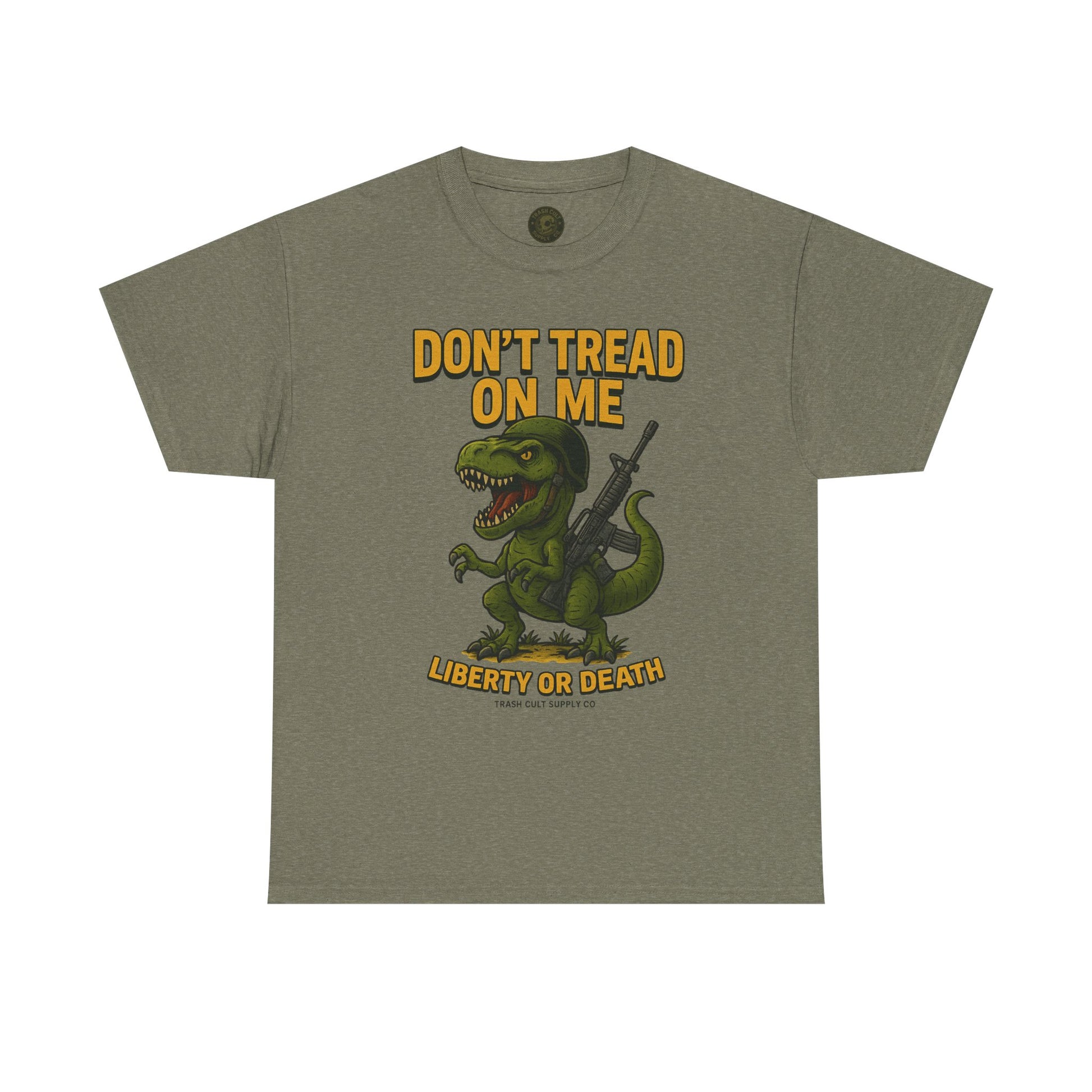 Don’t Tread On Me T-Rex T-Shirt – Liberty or Death Graphic | Trash Cult Supply Co. | Gildan 5000 Heavy Cotton