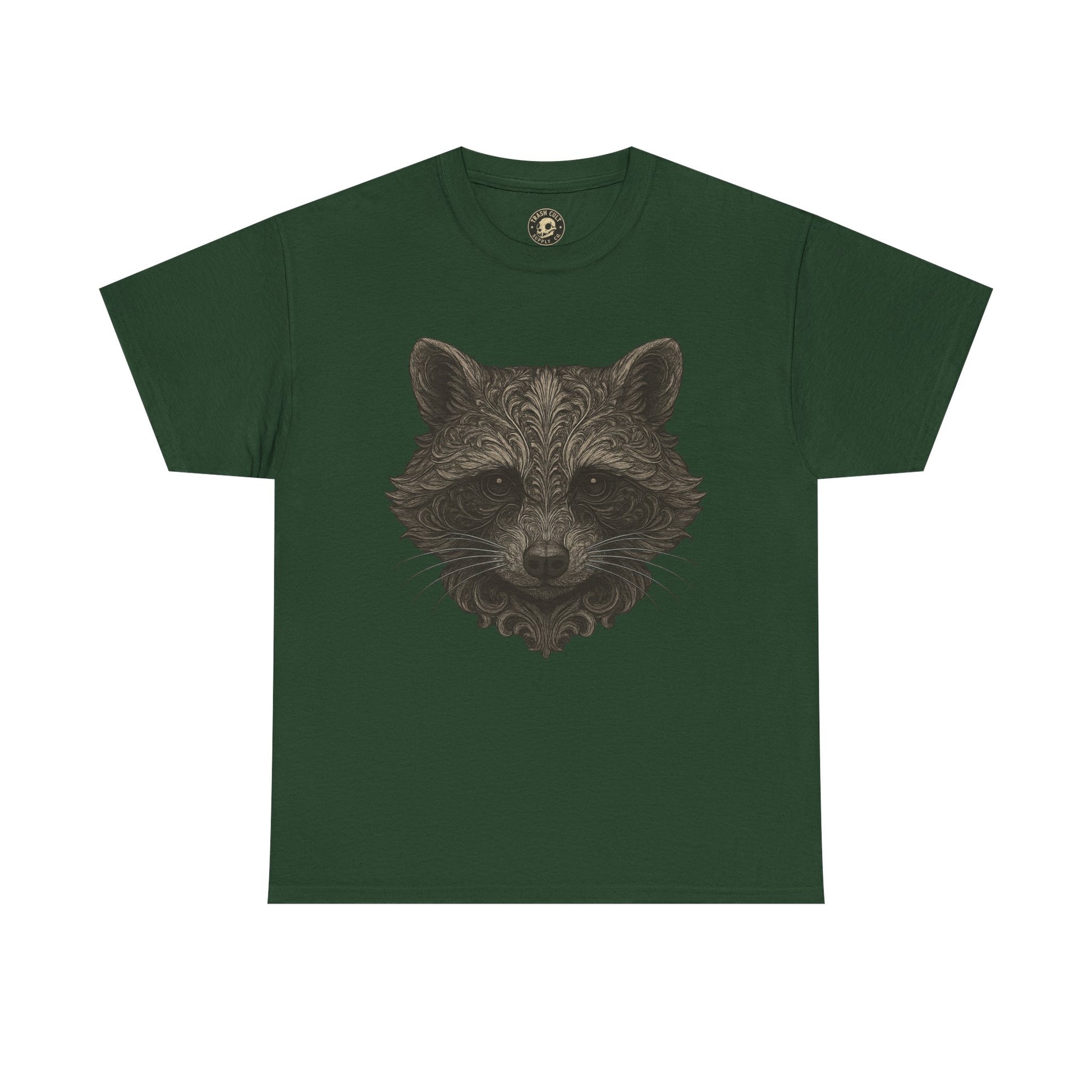 Ornate Raccoon Face Shirt – Intricate Woodland Animal Art Tee – Tattoo-Inspired Forest Aesthetic – Trash Cult Supply Co.