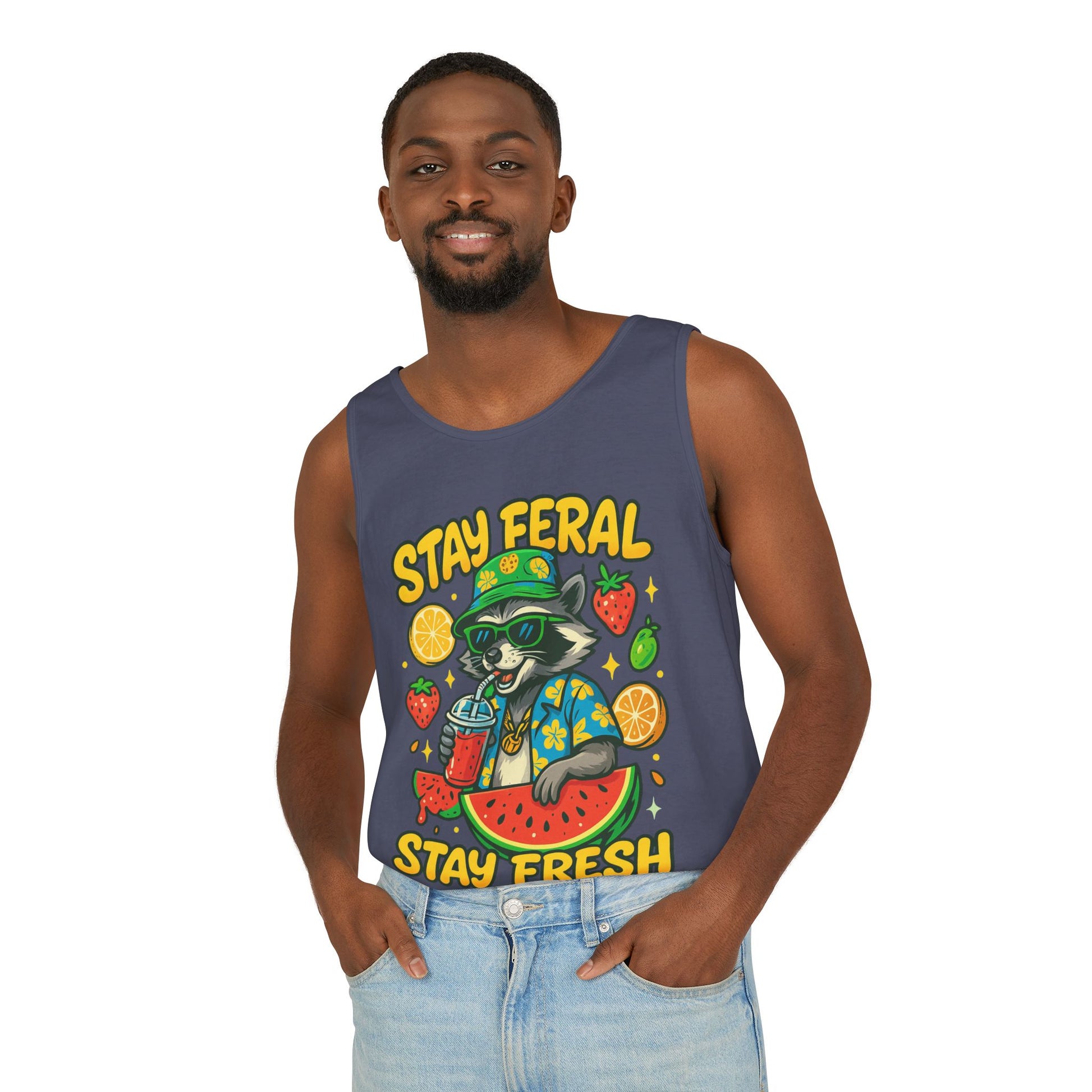 Stay Feral Stay Fresh Tank Top, Summer Apparel, Unisex Graphic Tee, Beachwear, Fun Gift for Animal Lovers