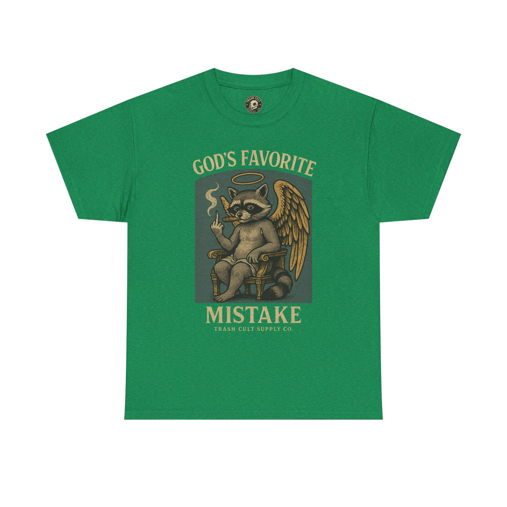God’s Favorite Mistake Shirt – Raccoon Angel Flipping the Bird by Trash Cult Supply Co.