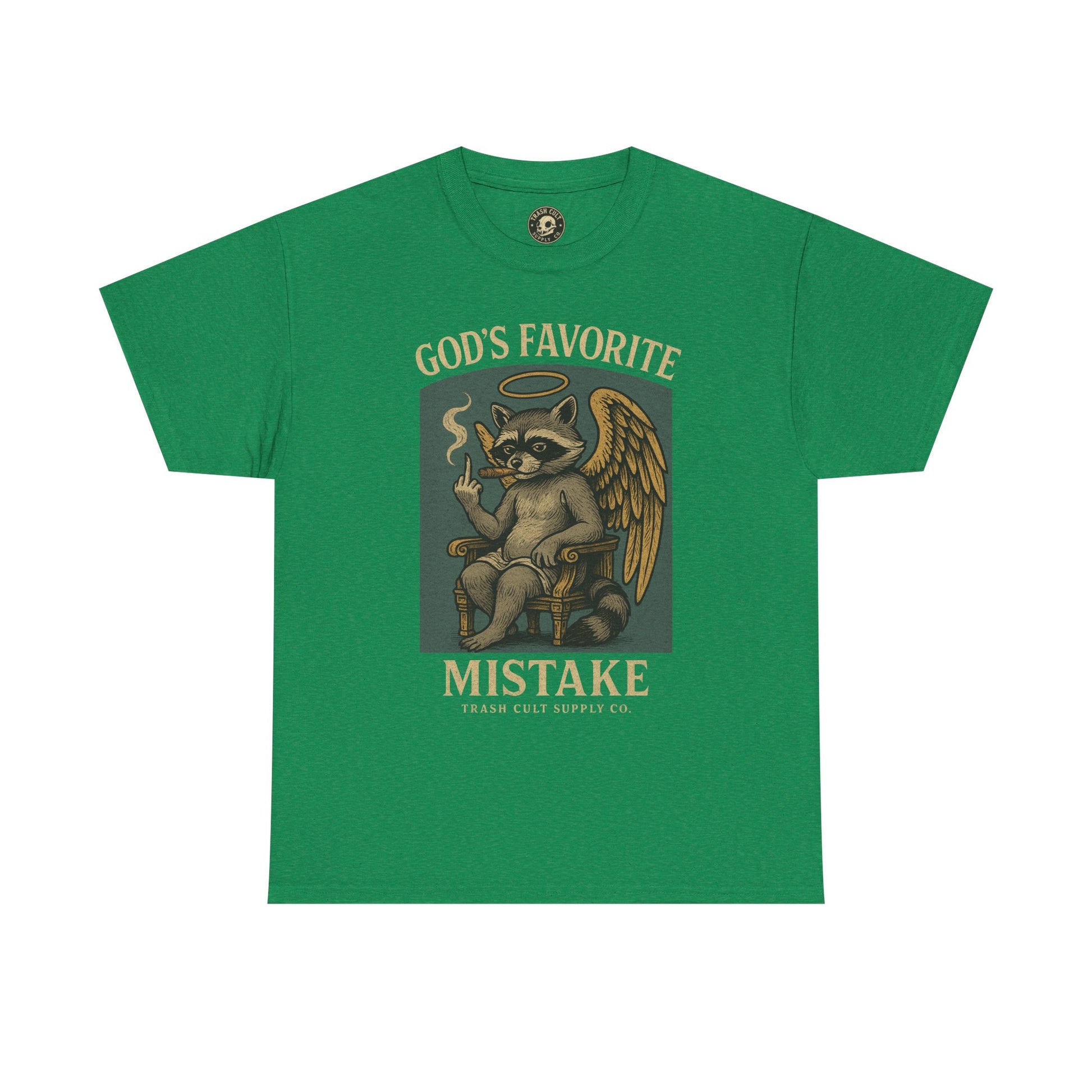 God’s Favorite Mistake Shirt – Raccoon Angel Flipping the Bird by Trash Cult Supply Co.