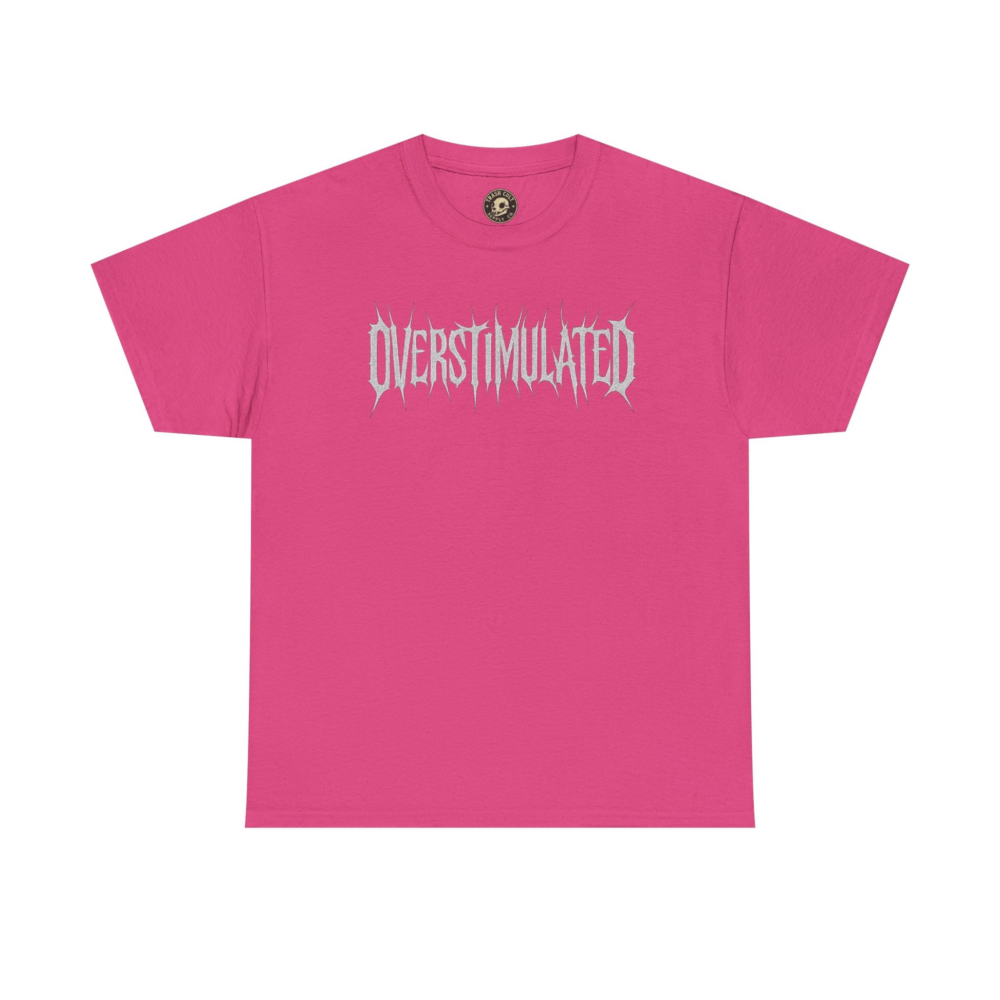 OVERSTIMULATED Metalcore Grunge Shirt – White on Black Distressed Font Tee