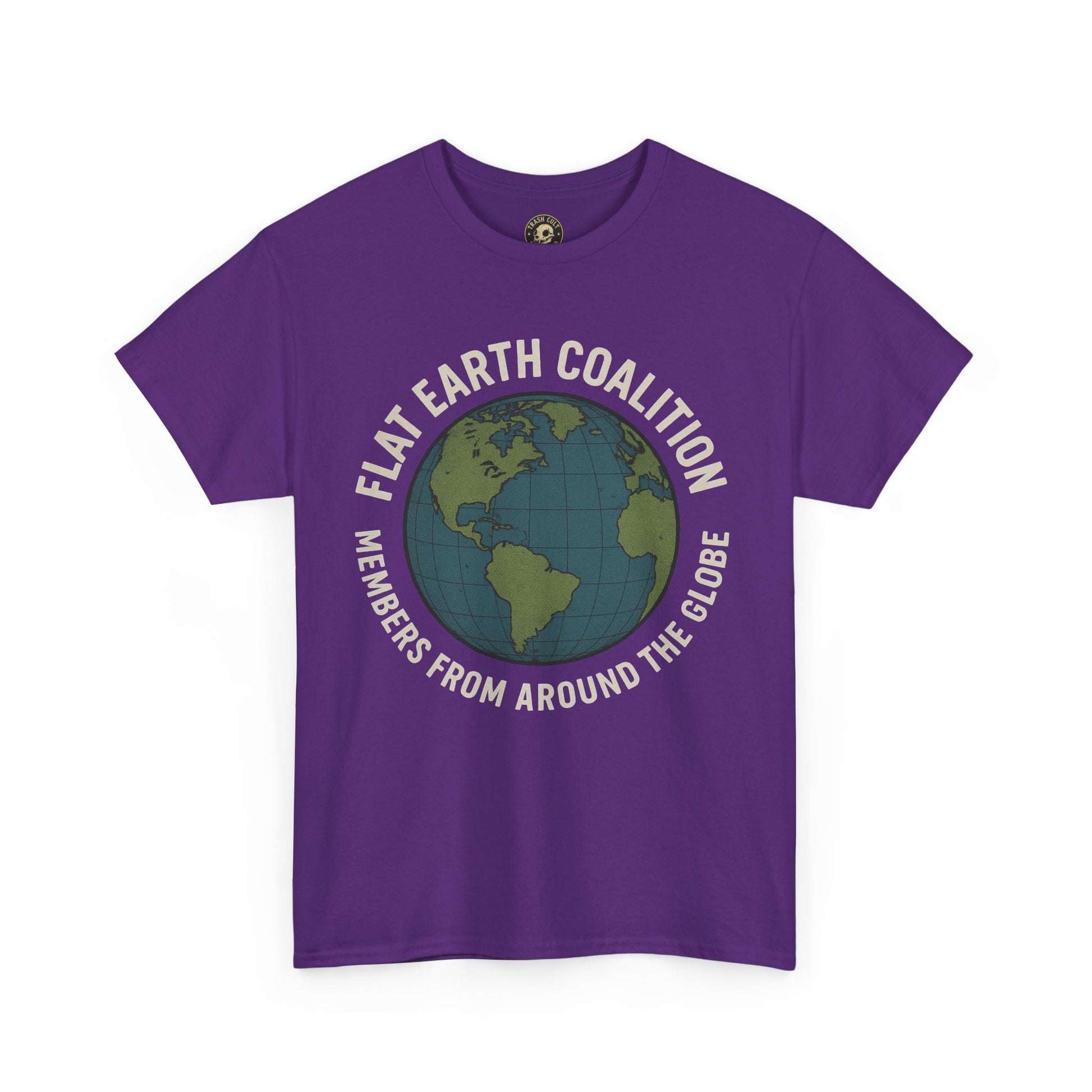 Flat Earth Coalition Funny Globe Parody Shirt – “Members From Around the Globe” Tee – Satirical Conspiracy Theory Humor Tee