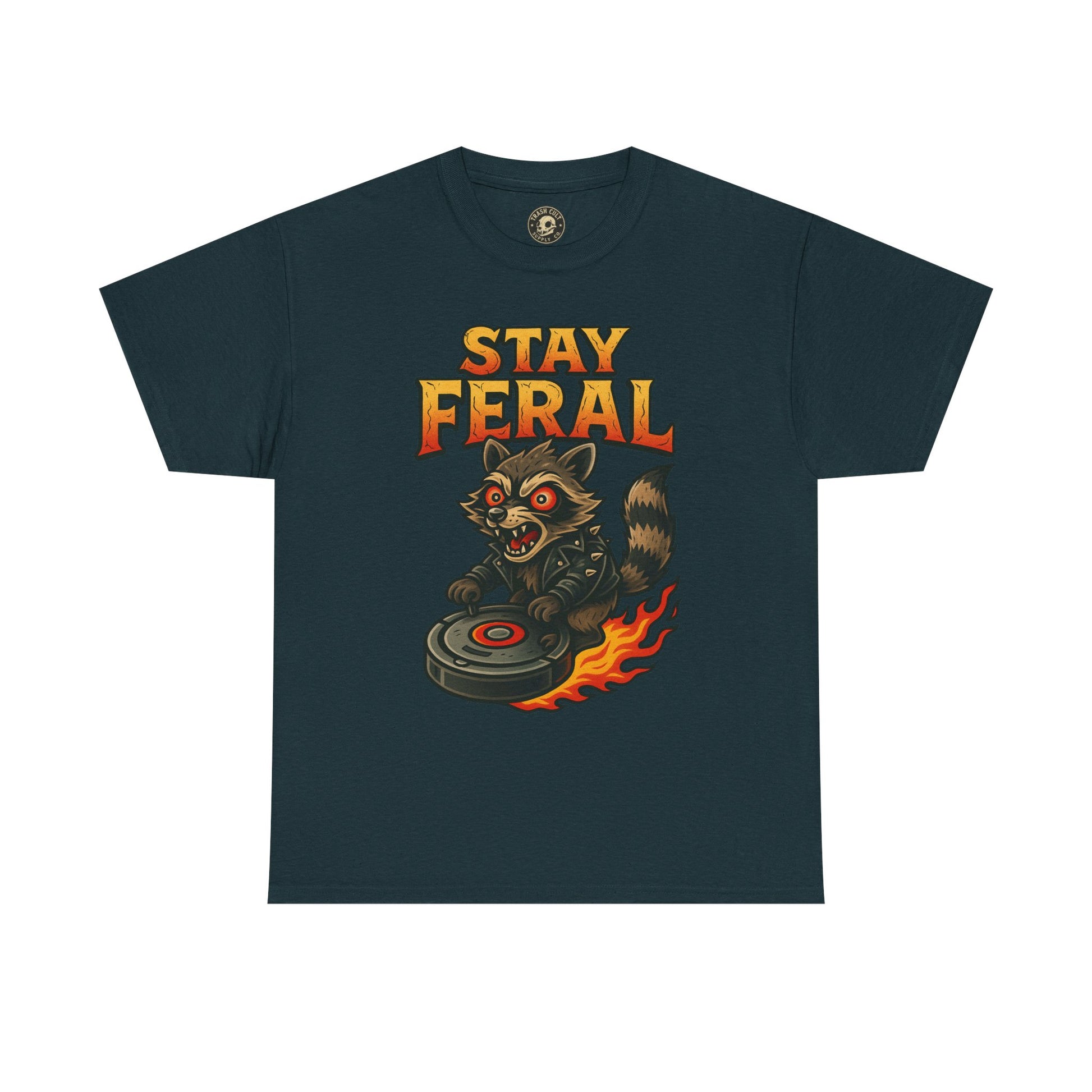 Stay Feral Roomba Raccoon T-Shirt – Bold New School Tattoo Style | Trash Cult Supply Co