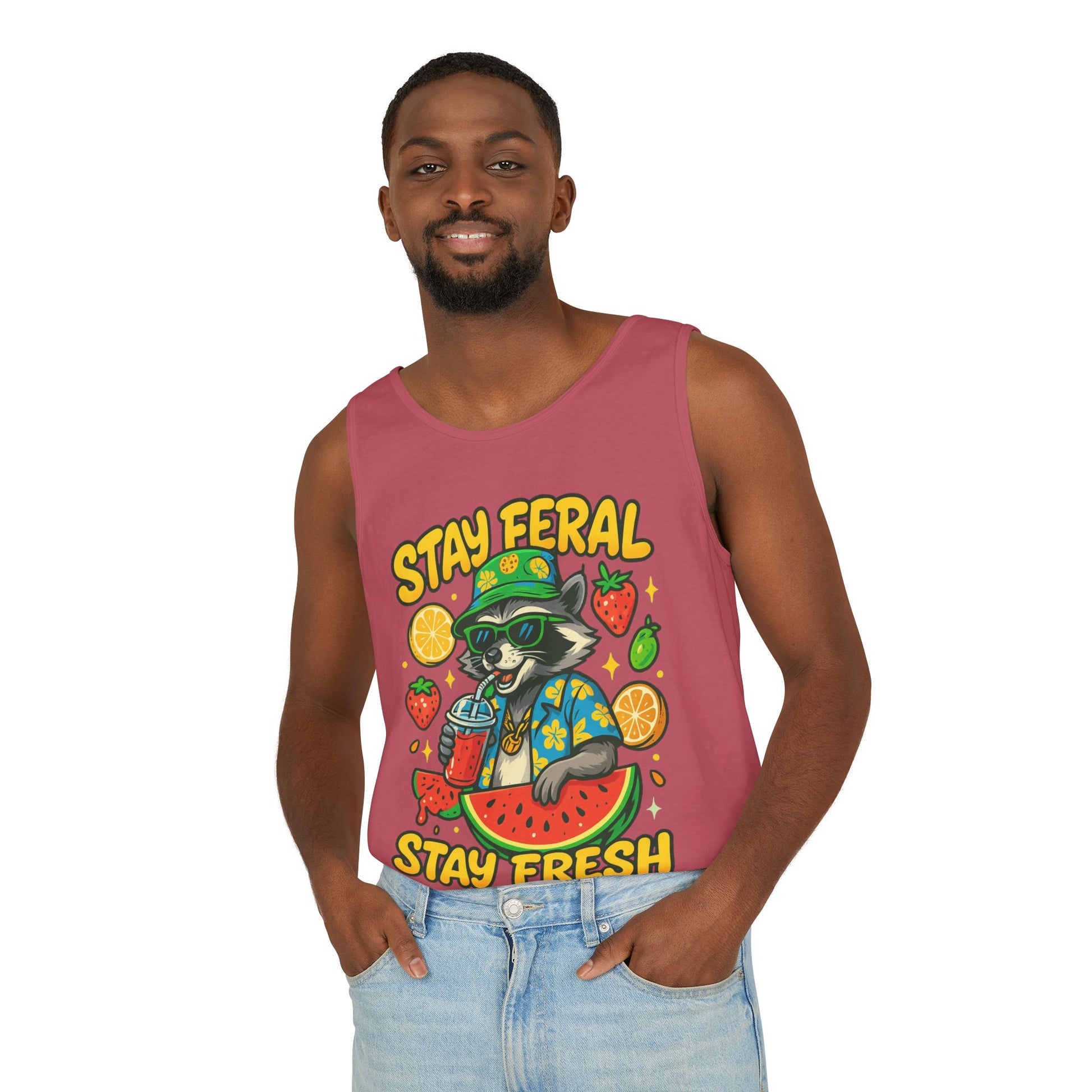 Stay Feral Stay Fresh Tank Top, Summer Apparel, Unisex Graphic Tee, Beachwear, Fun Gift for Animal Lovers