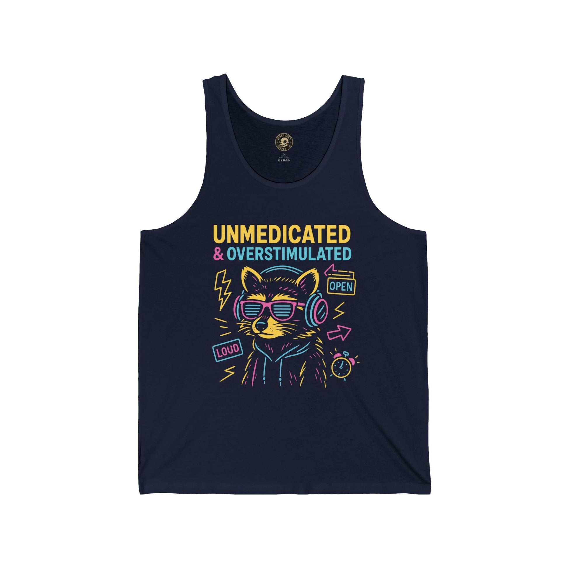 Unmedicated & Overstimulated Tank Top, Fun Cat Graphic Tee, Unisex Jersey Tank for Chill Days, Music Lovers Gift, Quirky Summer Wear