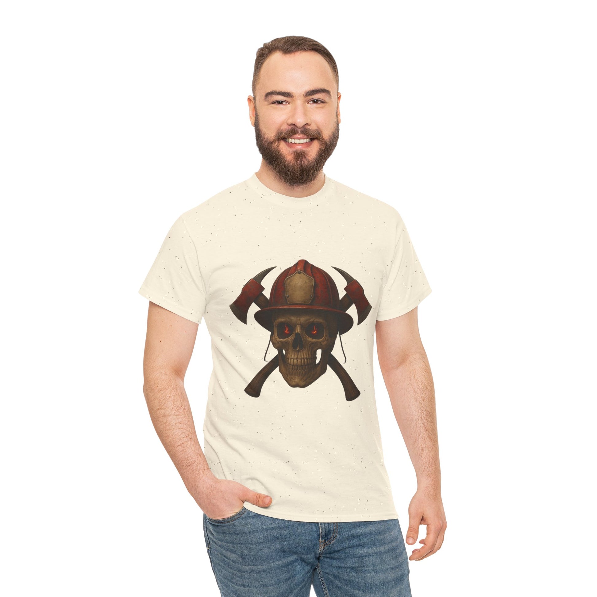 Skull Firefighter Tee, Unisex Heavy Cotton Shirt, Firefighter Gift, Halloween Costume T-Shirt, Unique Graphic Tee, Casual Wear