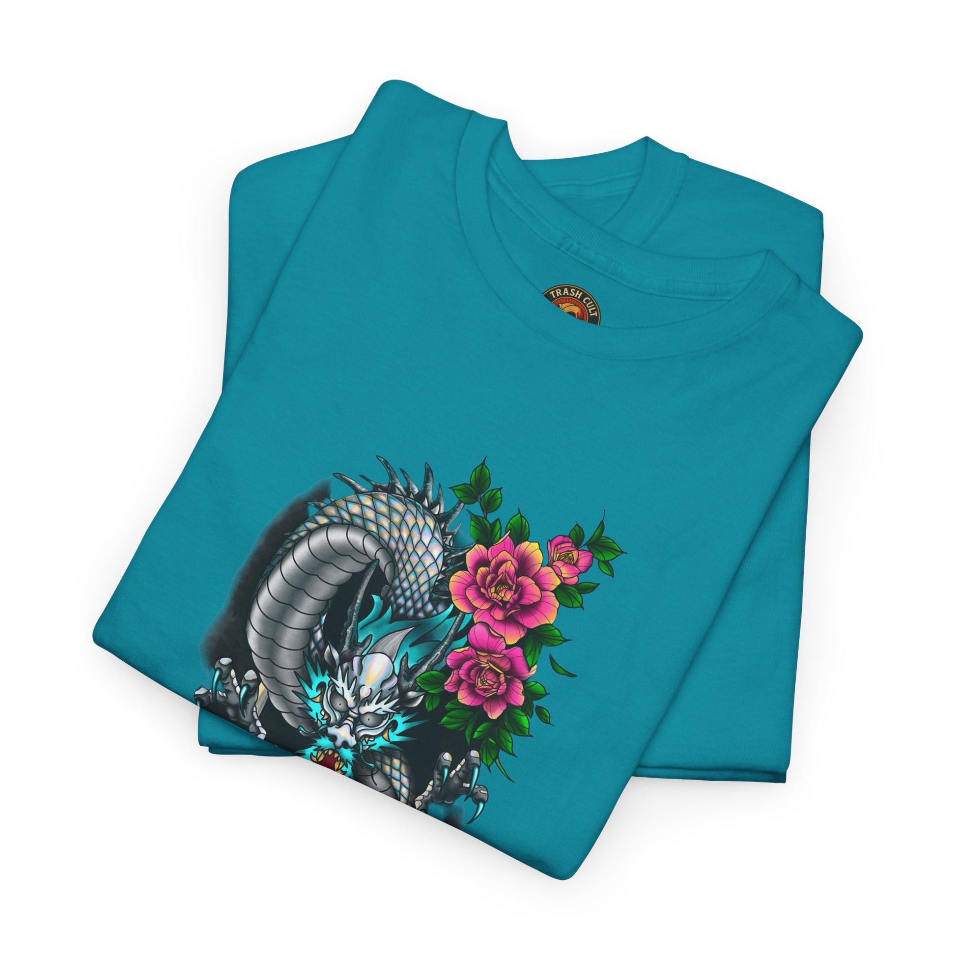 Mythic Dragon & Peonies Tattoo T-Shirt – Lara Davenport x Trash Cult Supply Co. Collab (Gildan 5000)