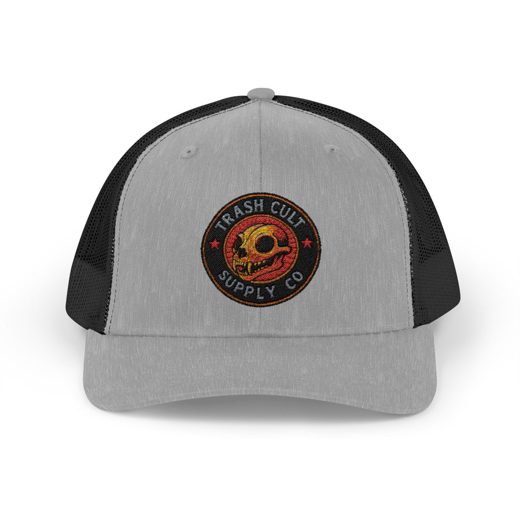 Gray and black trucker cap with a logo on a white background