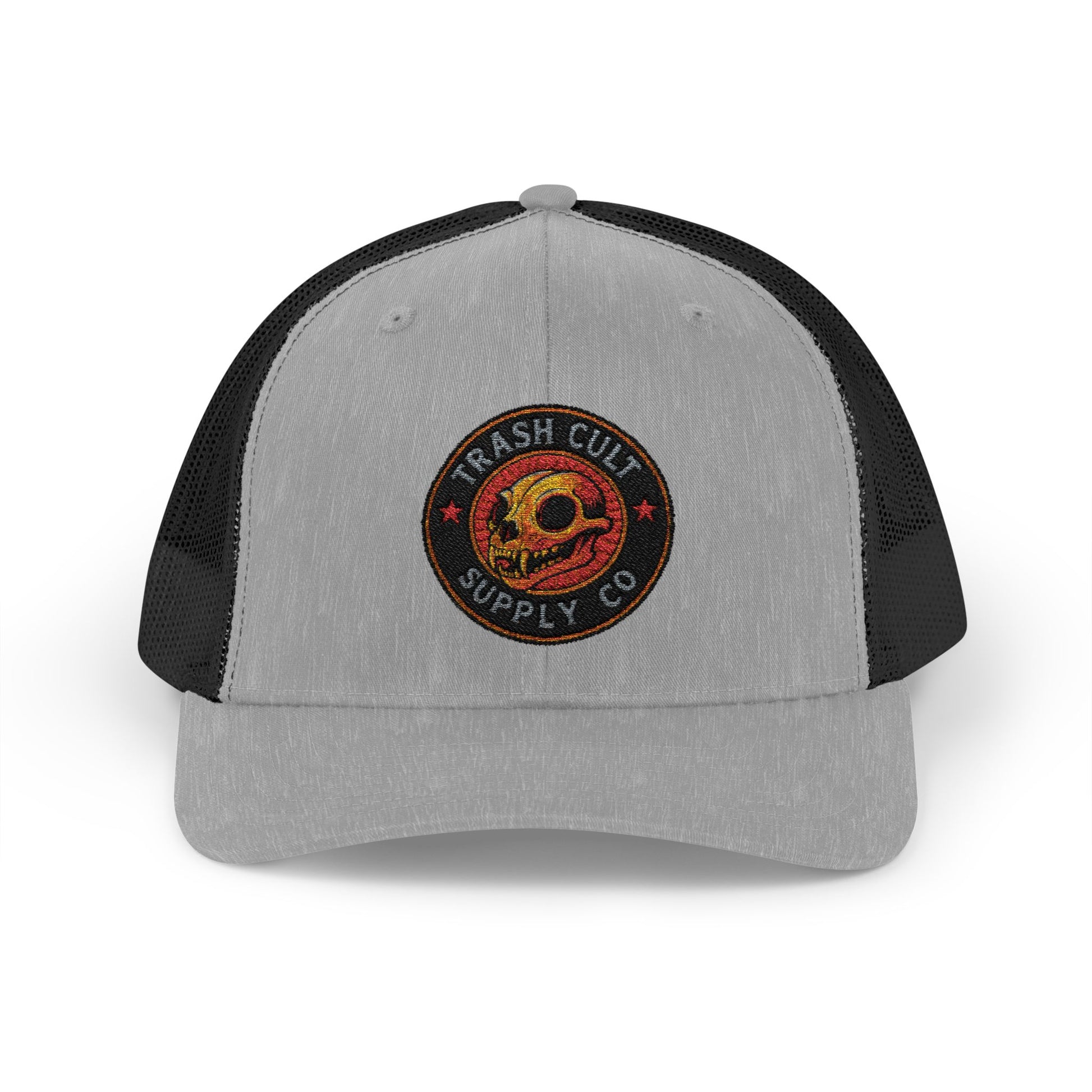 Gray and black trucker cap with a logo on a white background
