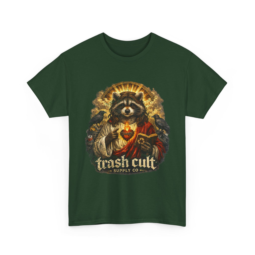 Raccoon Saint Graphic Tee — “Trash Cult” Vintage Devotional Design