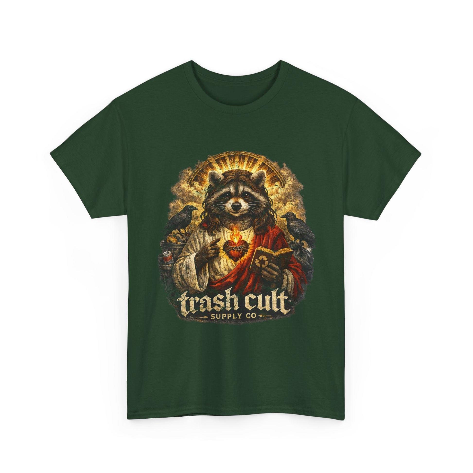 Raccoon Saint Graphic Tee — “Trash Cult” Vintage Devotional Design