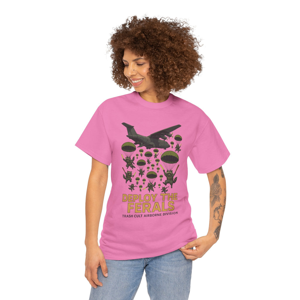 Deploy the Ferals T-Shirt – Airborne Raccoon Drop Graphic | Trash Cult Supply Co. | Gildan 5000 Heavy Cotton Tee