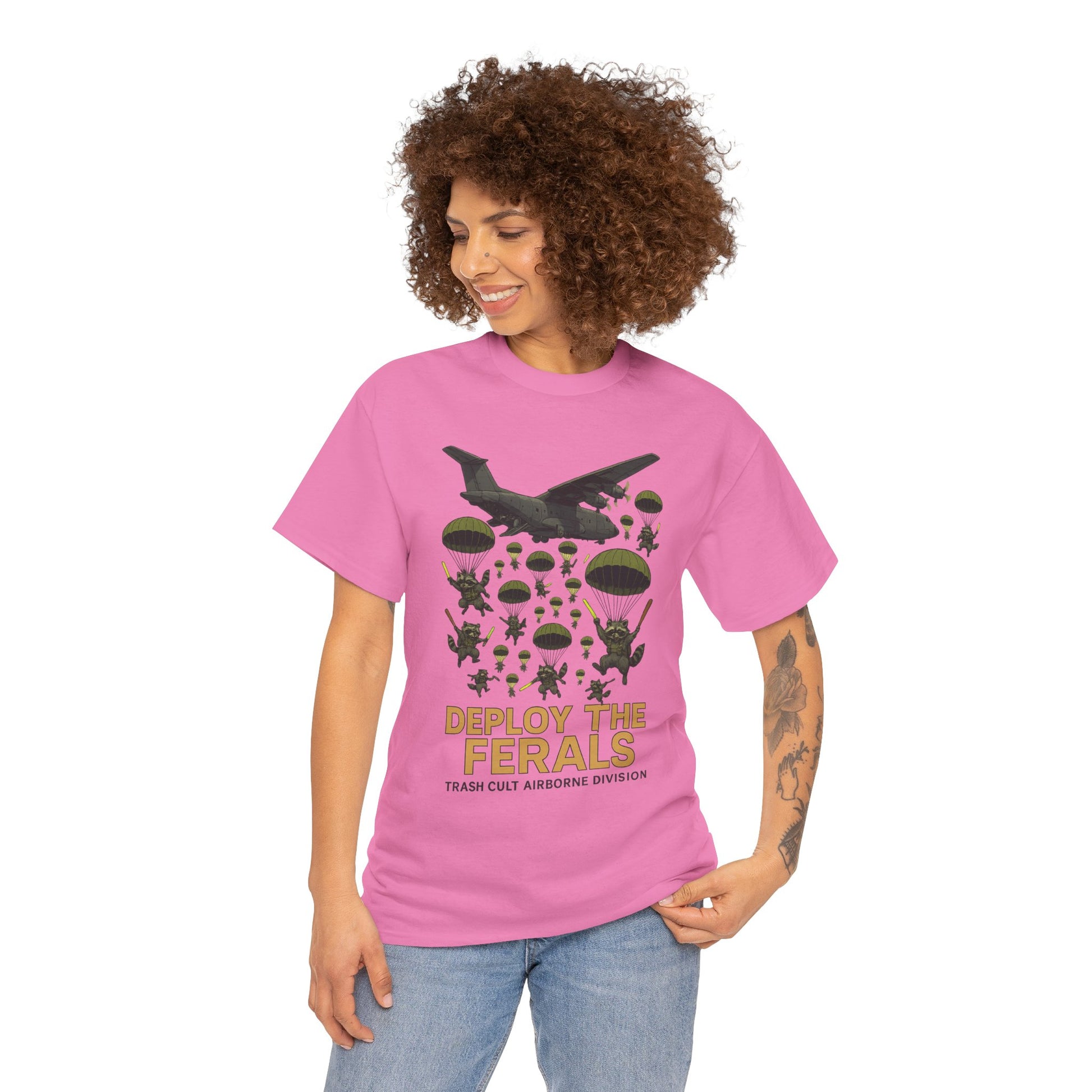 Deploy the Ferals T-Shirt – Airborne Raccoon Drop Graphic | Trash Cult Supply Co. | Gildan 5000 Heavy Cotton Tee