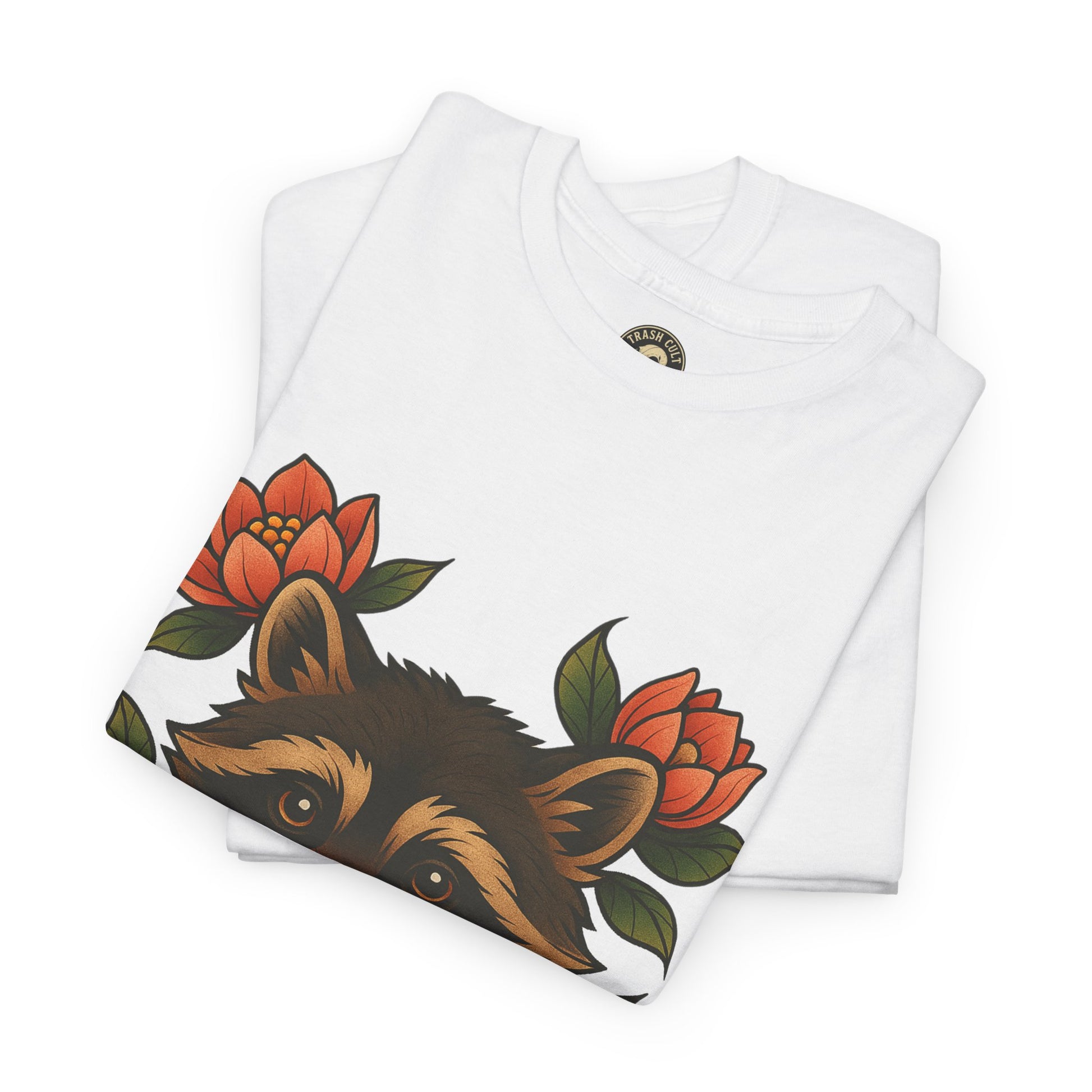 Neo-Traditional Raccoon & Lotus Tattoo Shirt – Trash Cult Supply Co. – Gildan 5000