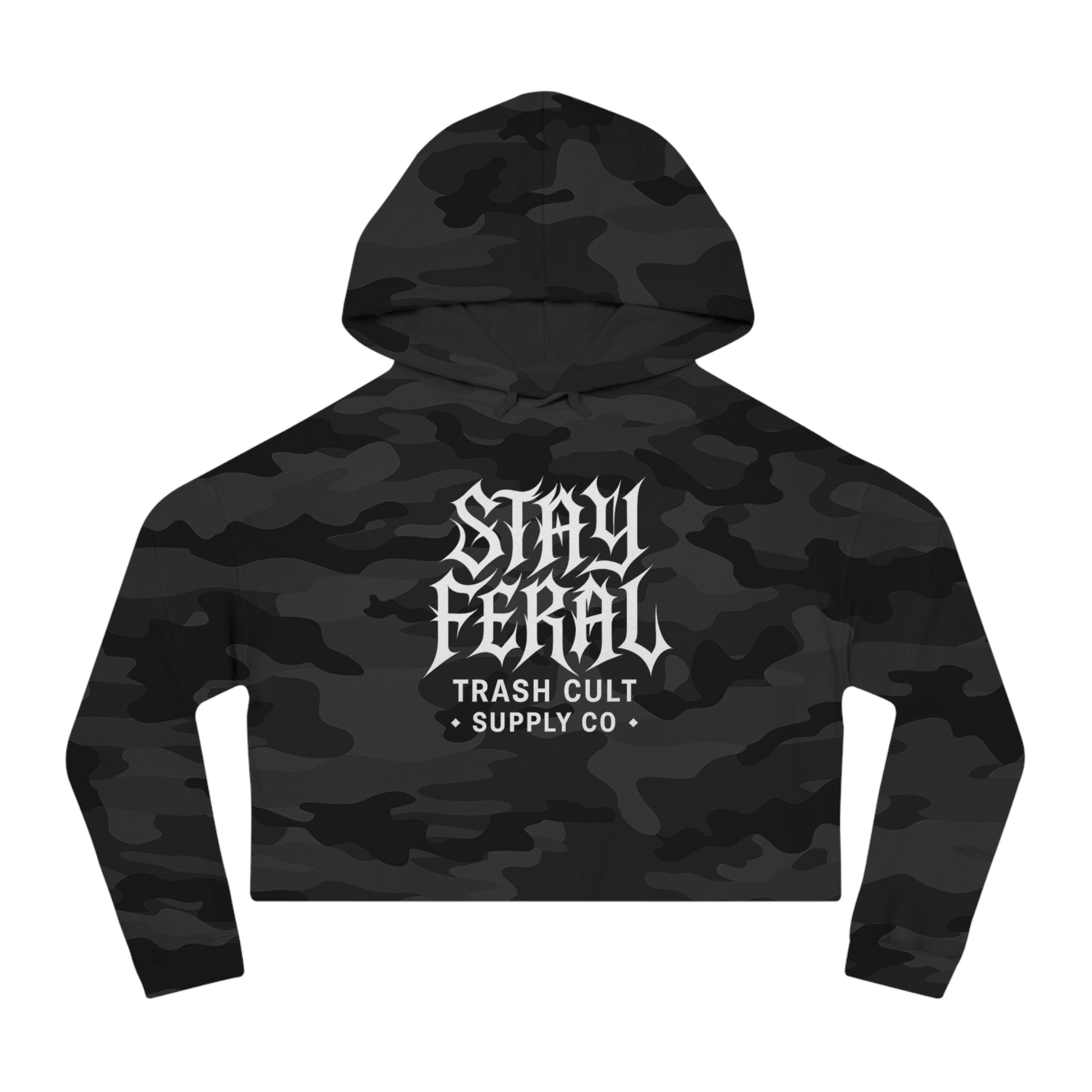 Camo Cropped Sweatshirt - Stay Feral, Trendy Streetwear, Gift for Her, Casual Outfit, Music Festival Apparel, Edgy Fashion
