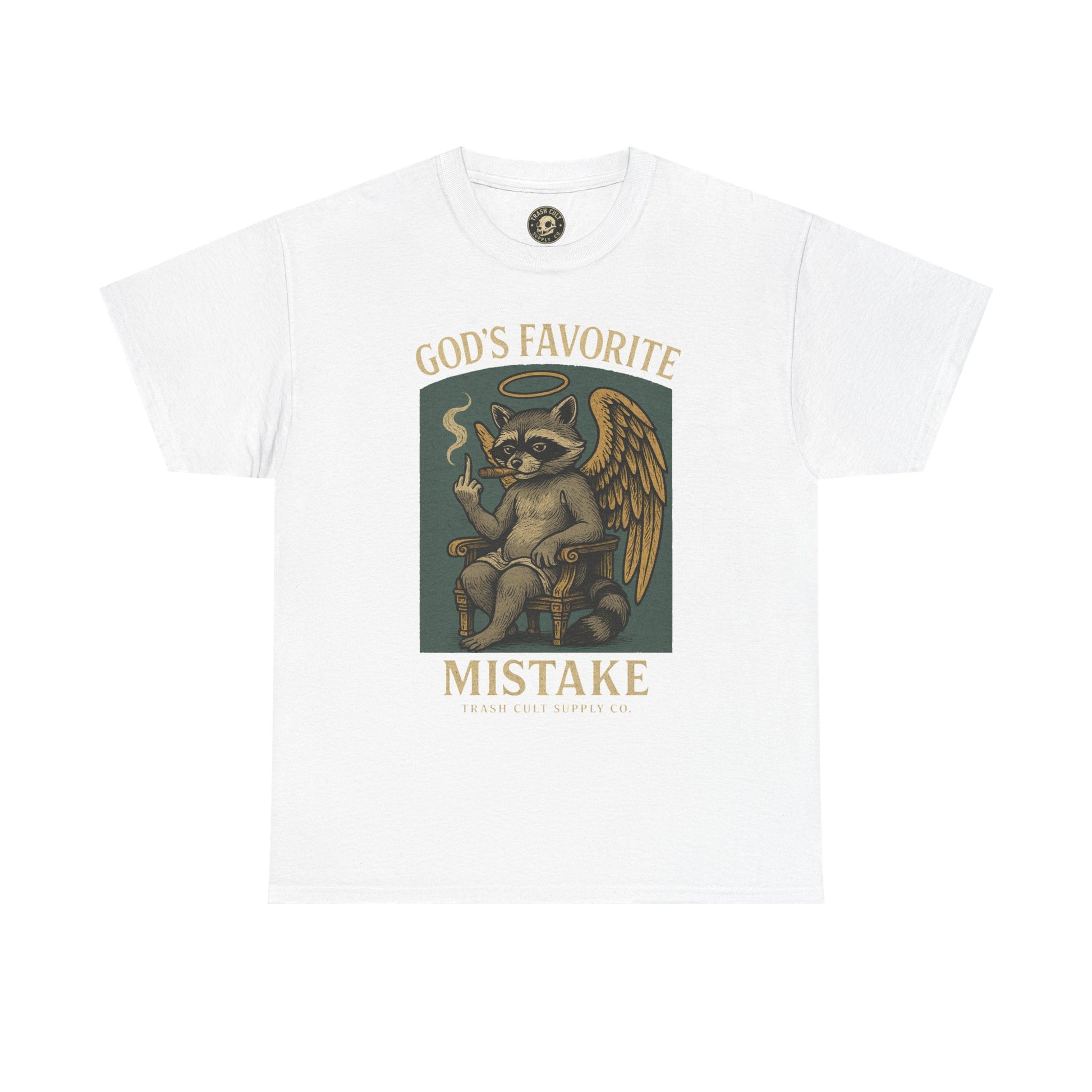 God’s Favorite Mistake Shirt – Raccoon Angel Flipping the Bird by Trash Cult Supply Co.