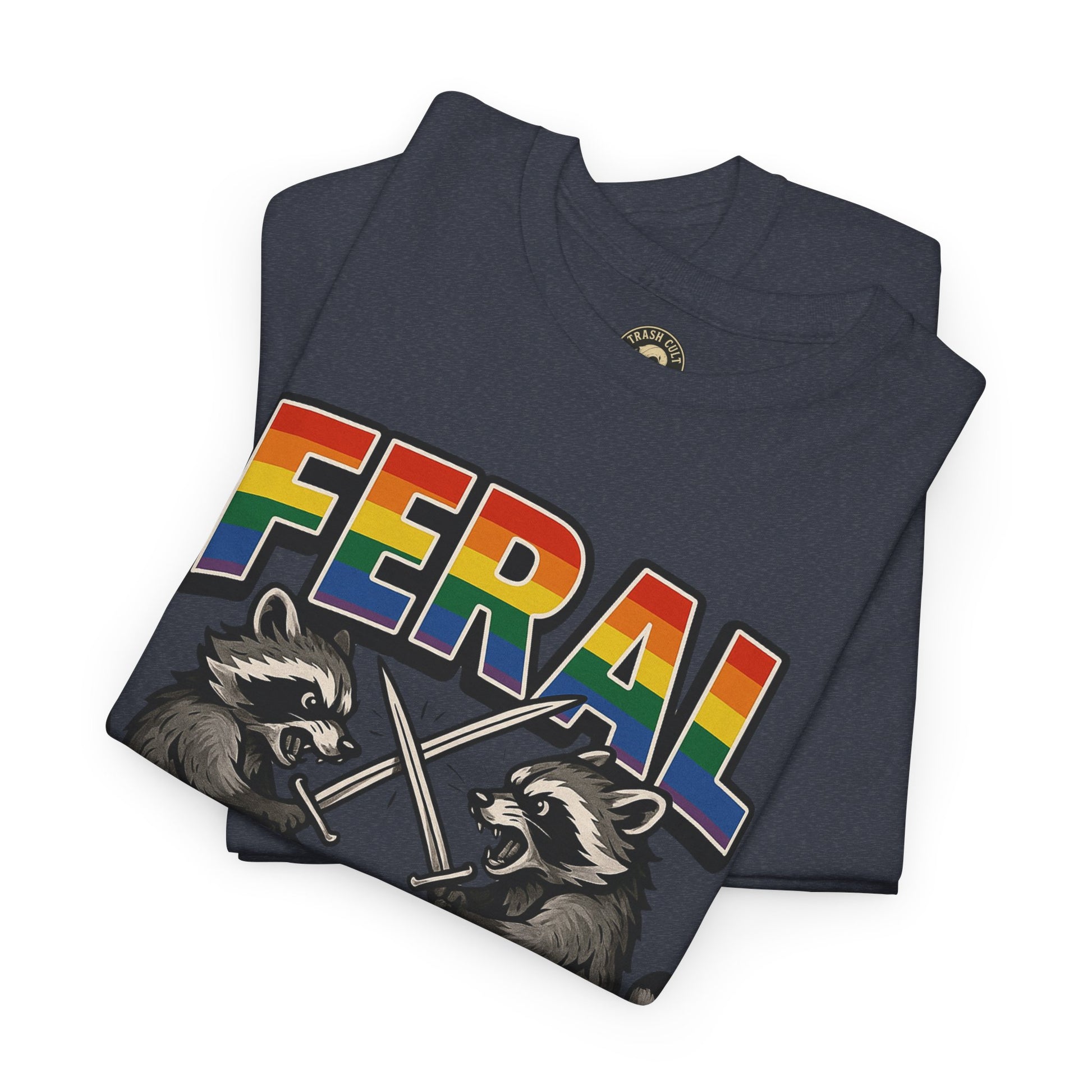 FERAL Rainbow Raccoon Sword Fighting Graphic Tee – Gildan 5000 Heavy Cotton