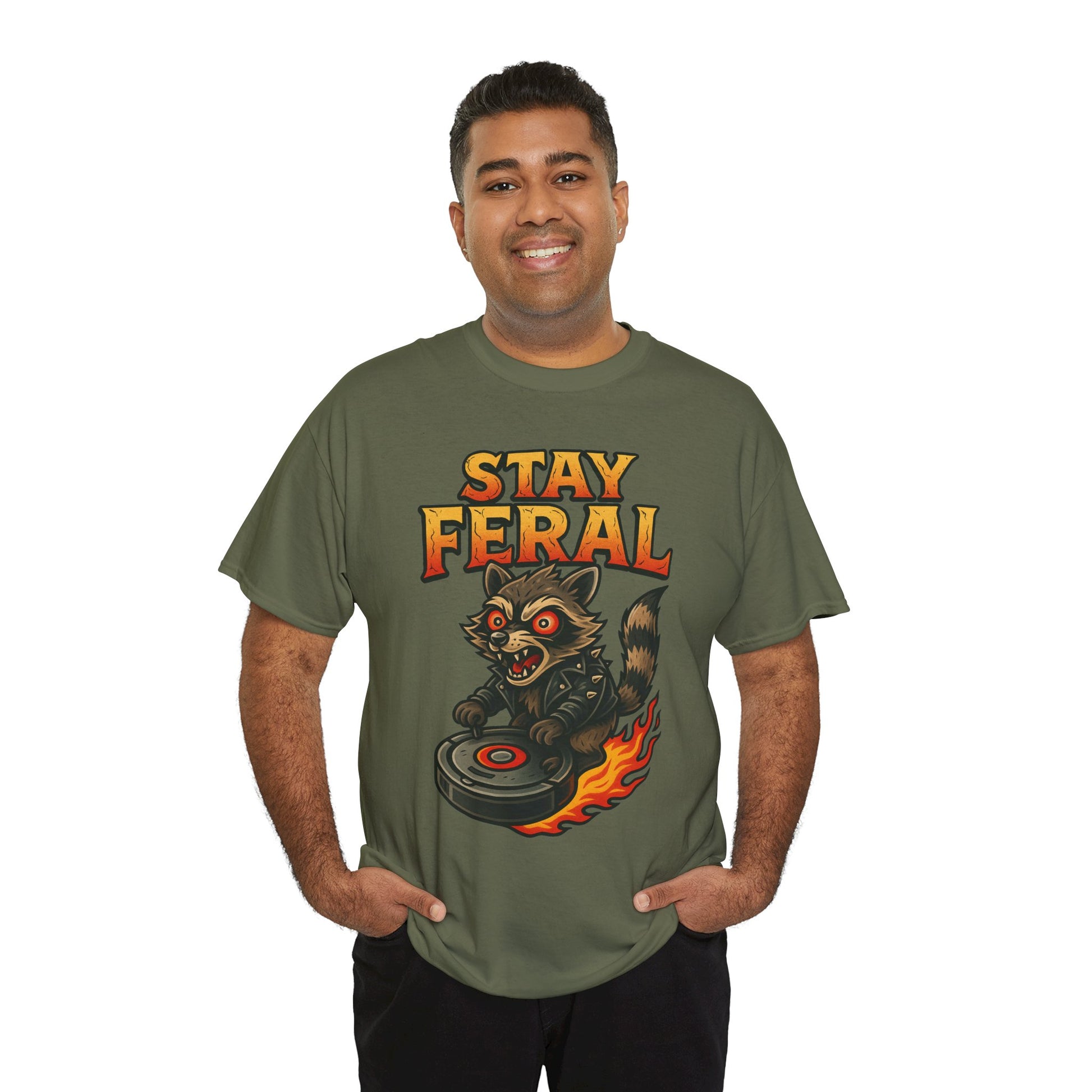 Stay Feral Roomba Raccoon T-Shirt – Bold New School Tattoo Style | Trash Cult Supply Co