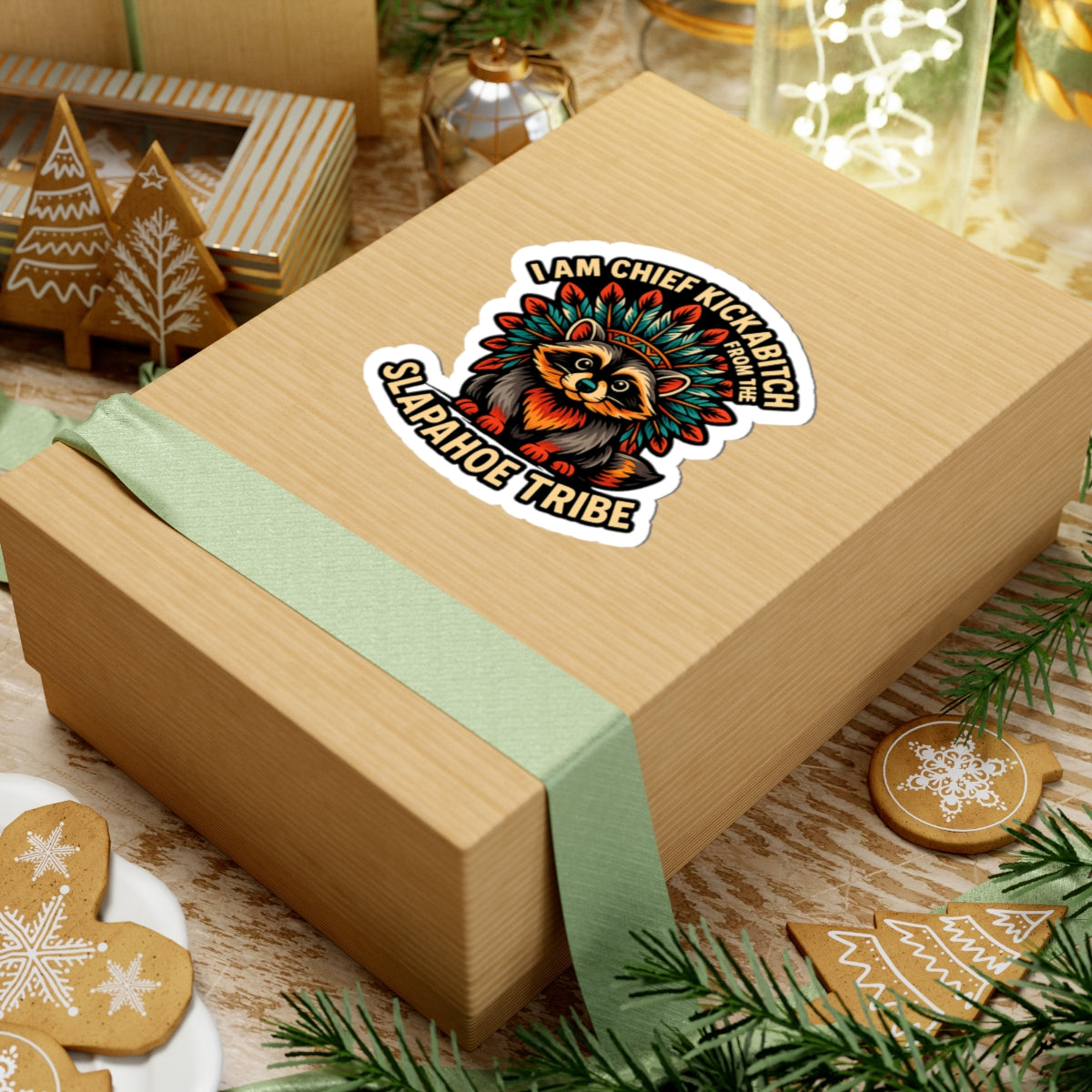 Chief Kickabitch Raccoon Sticker, Fun Laptop Decor, Nature Lover Gift, Tribal Style Art, Cute Car Decal