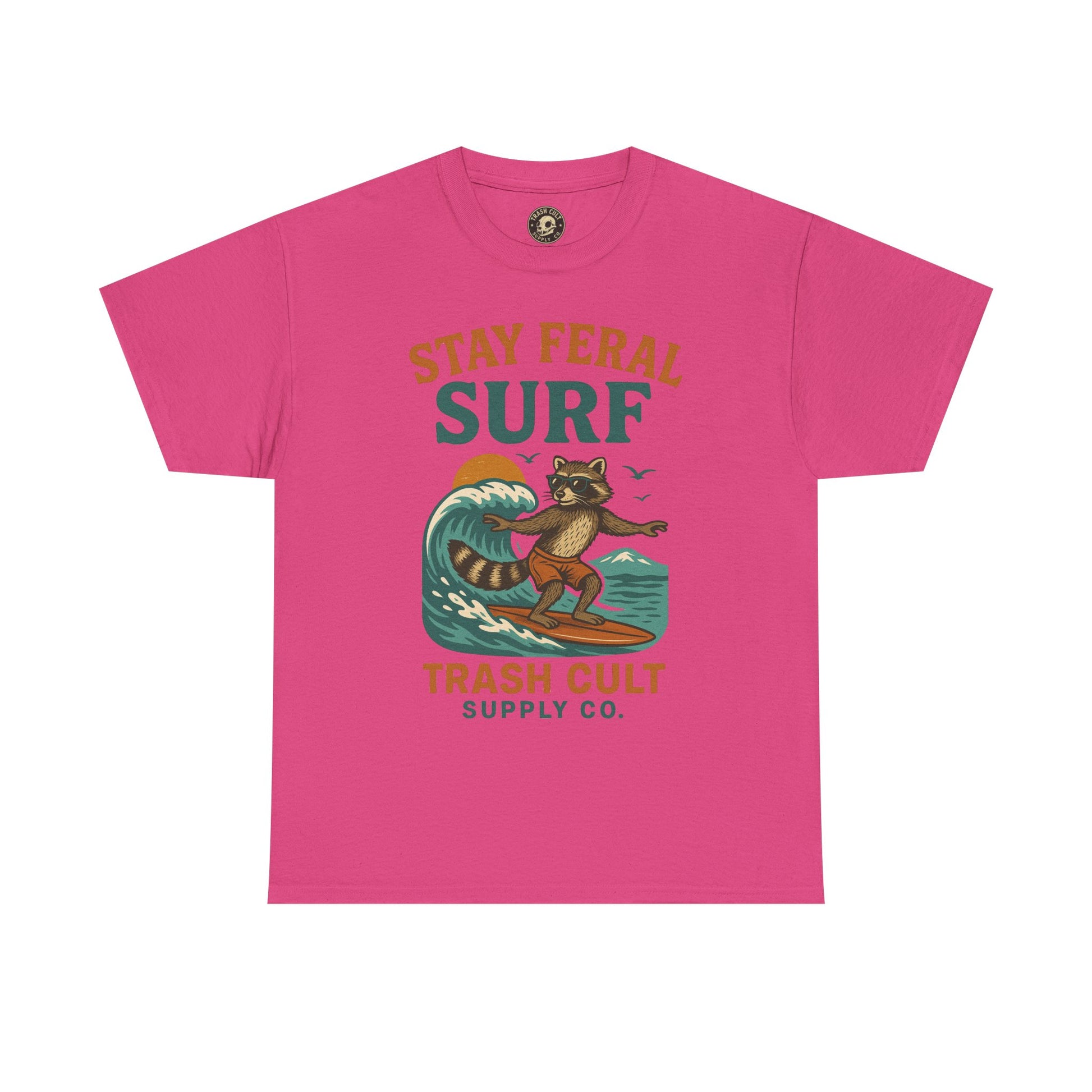 Stay Feral Surf Shirt – Retro Raccoon Beach Tee – Trash Cult Supply Co – Gildan 5000