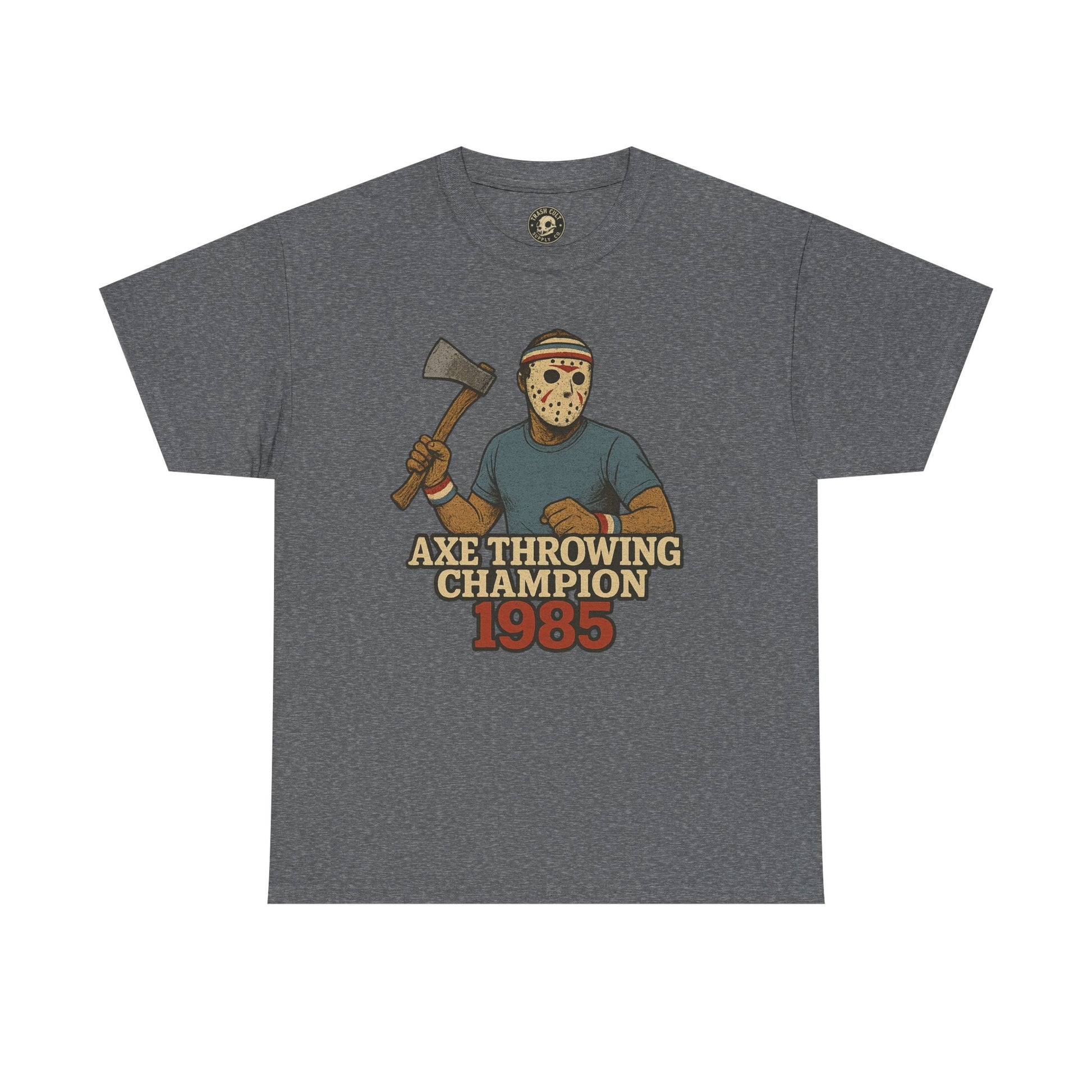 Jason Voorhees Axe Throwing Champion 1985 T-Shirt – Retro Slasher Workout Parody | Gildan 5000 Tee