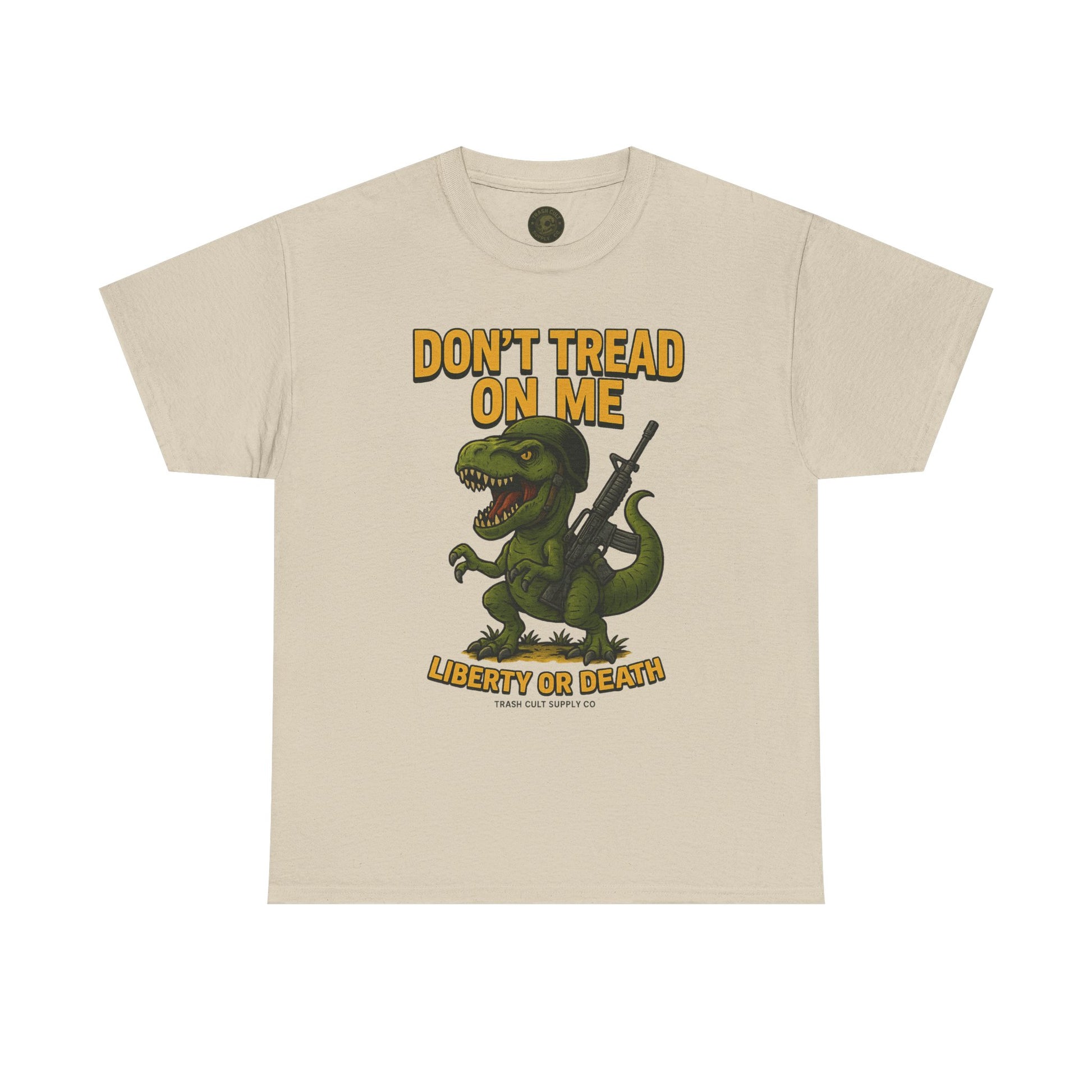 Don’t Tread On Me T-Rex T-Shirt – Liberty or Death Graphic | Trash Cult Supply Co. | Gildan 5000 Heavy Cotton