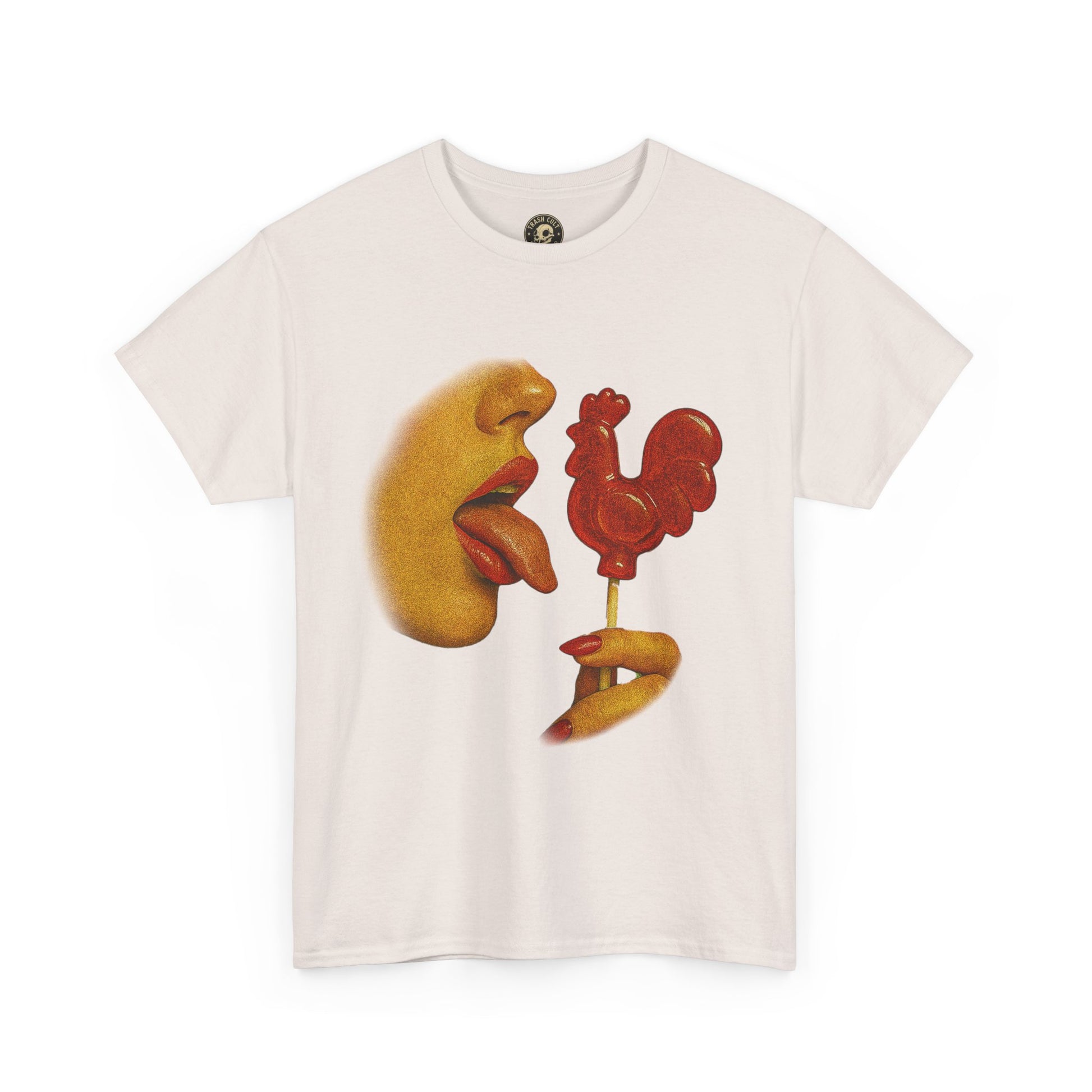 Bold Retro Halftone Tease – Red Rooster Lollipop Graphic Tee