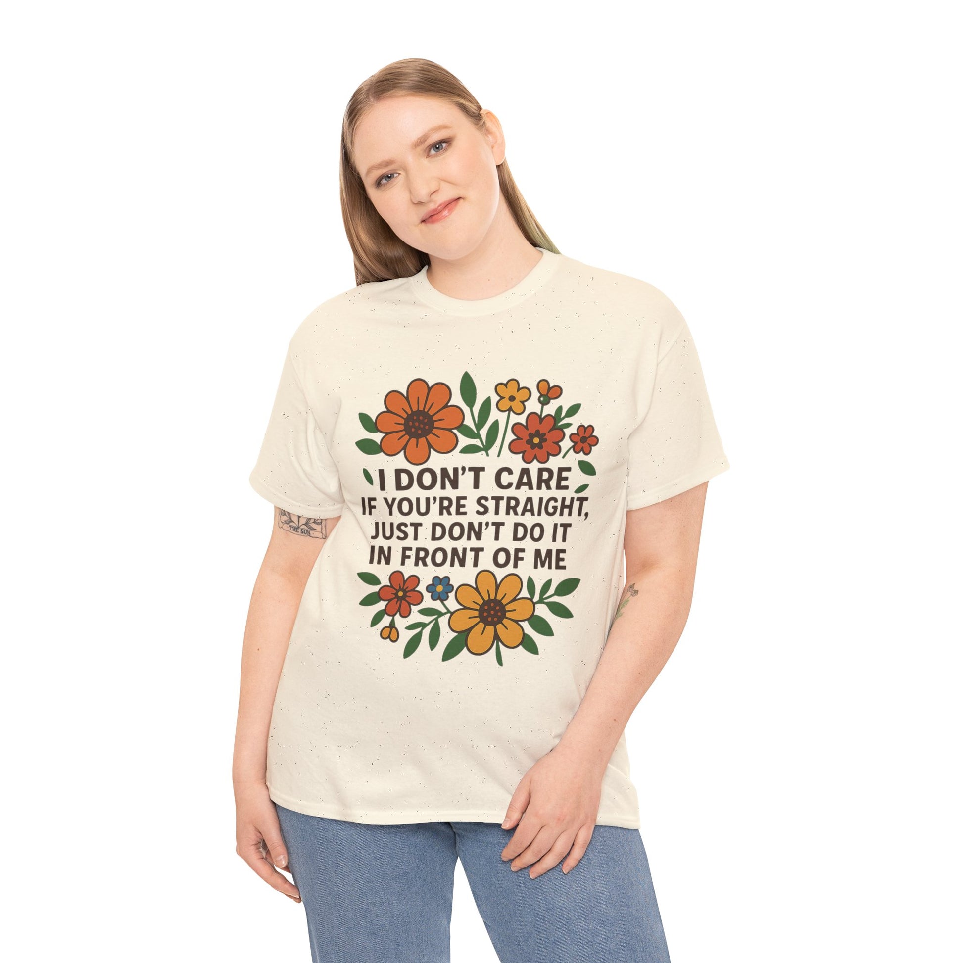 “I Don’t Care If You’re Straight” Funny Floral Shirt – LGBTQ+ Ally Tee – Bold Statement Graphic – Gildan 5000
